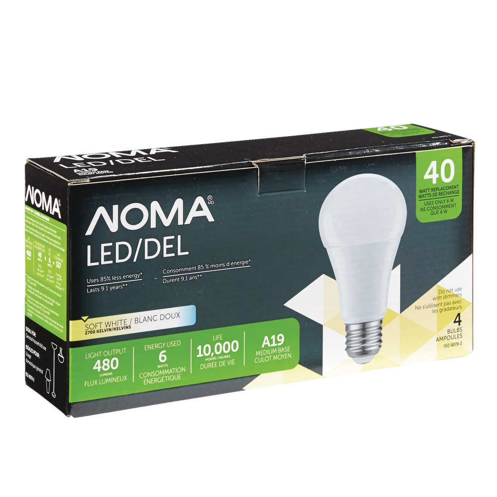 NOMA A19 E26 Base NonDimmable LED Light Bulbs, 480 Lumens, Soft White