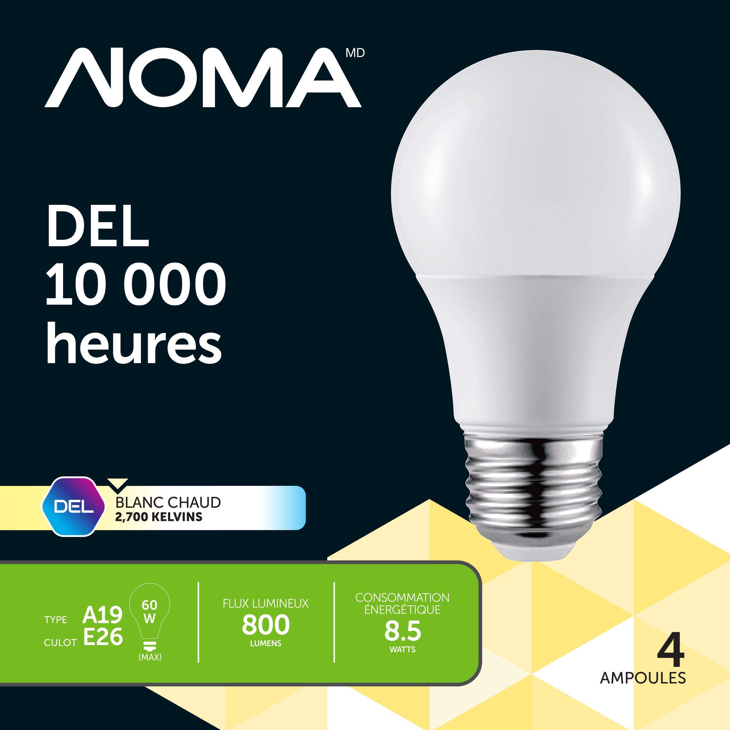 Ampoules pour projecteur à DEL non variable à culot E26 NOMA A19, 800 lumens, blanc doux, 60 W, paq. 4 Front_Flat
