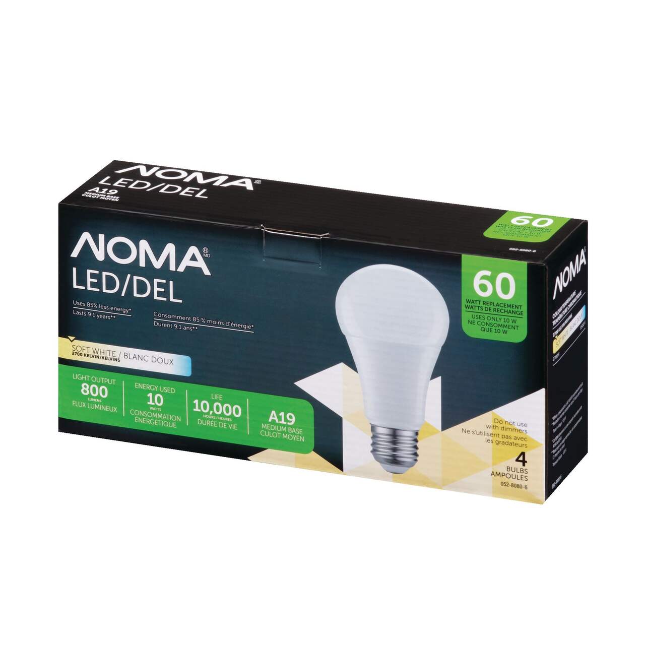 Ampoules pour projecteur à DEL non variable à culot E26 NOMA A19, 800  lumens, blanc doux, 60 W, paq. 4