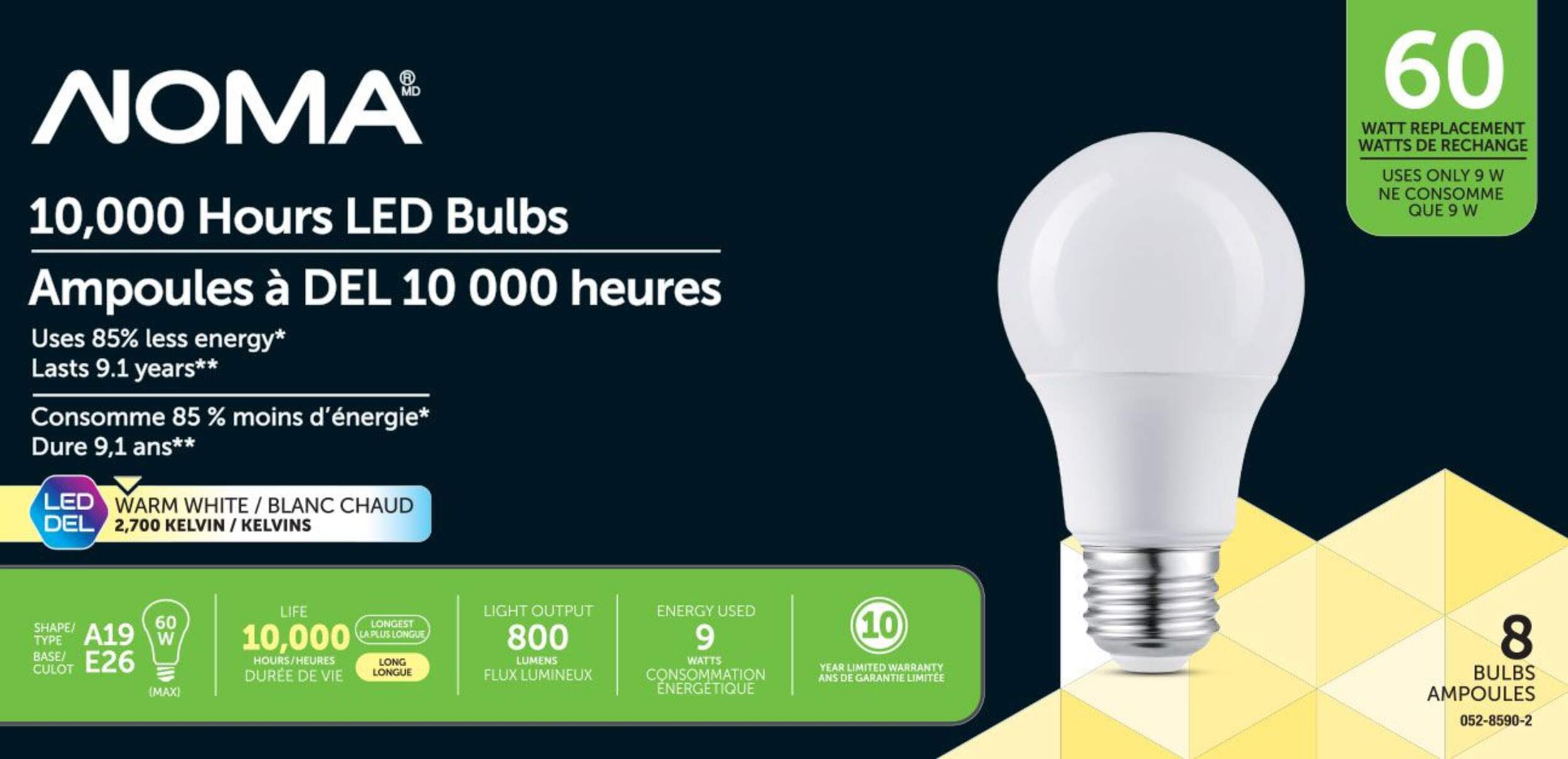 NOMA A19 E26 Base Non-Dimmable LED Light Bulbs, 800 Lumens, Warm White, 60W, 8-pk Front_Flat