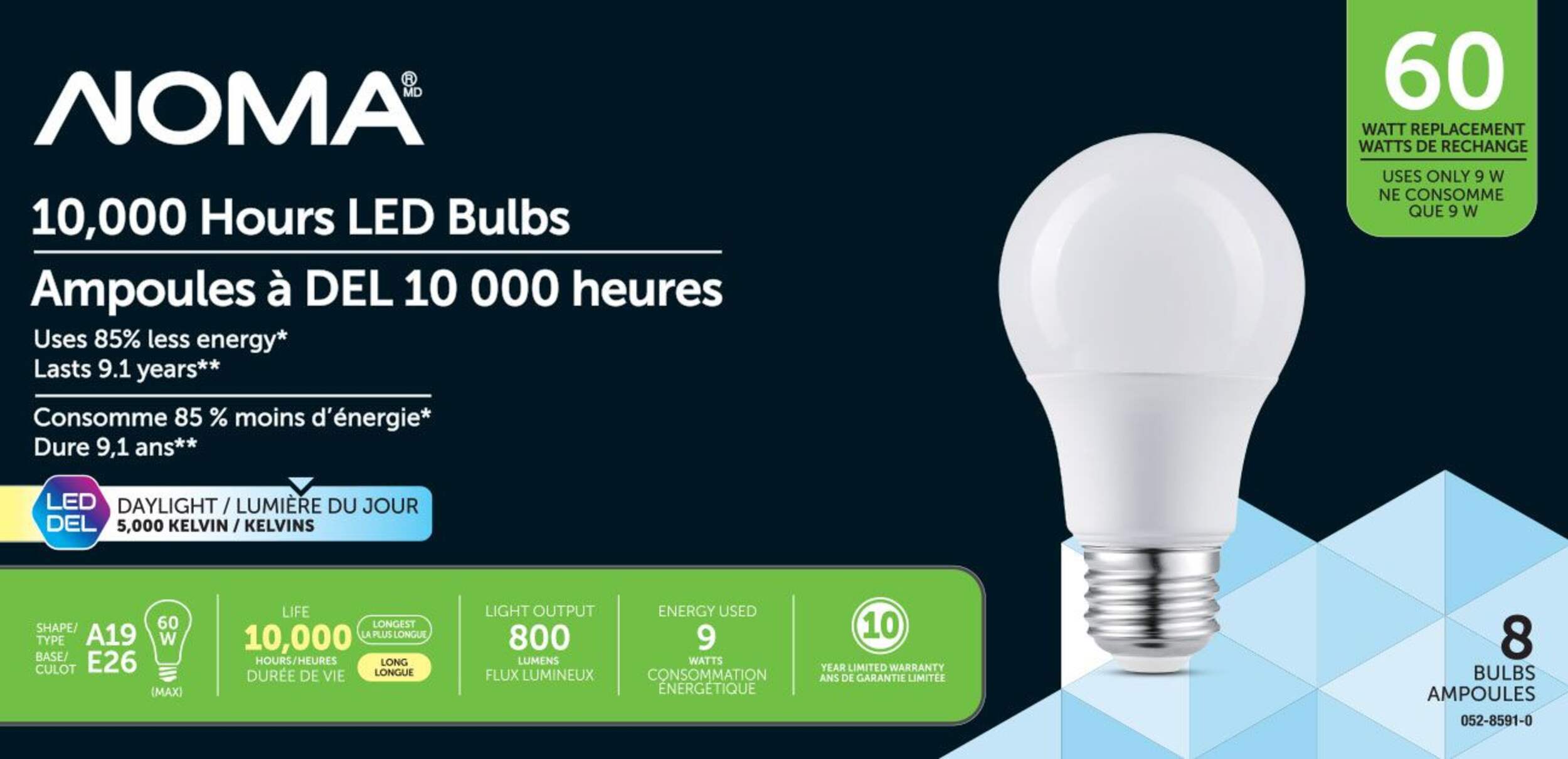NOMA A19 E26 Base Non-Dimmable LED Light Bulbs, 800 Lumens, Daylight, 60W, 8-pk Front_Flat