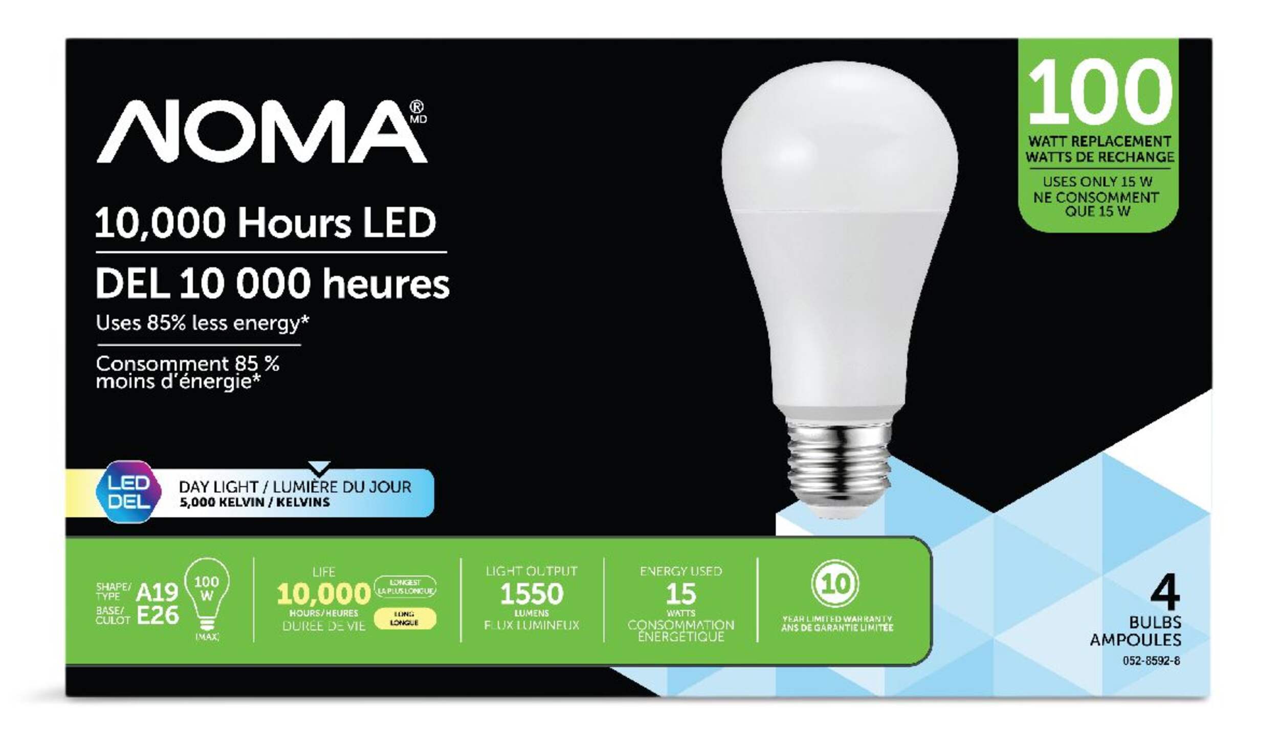 NOMA A19 E26 Base Non-Dimmable LED Light Bulbs, 1550 Lumens, Daylight, 100W, 4-pk Front_Flat
