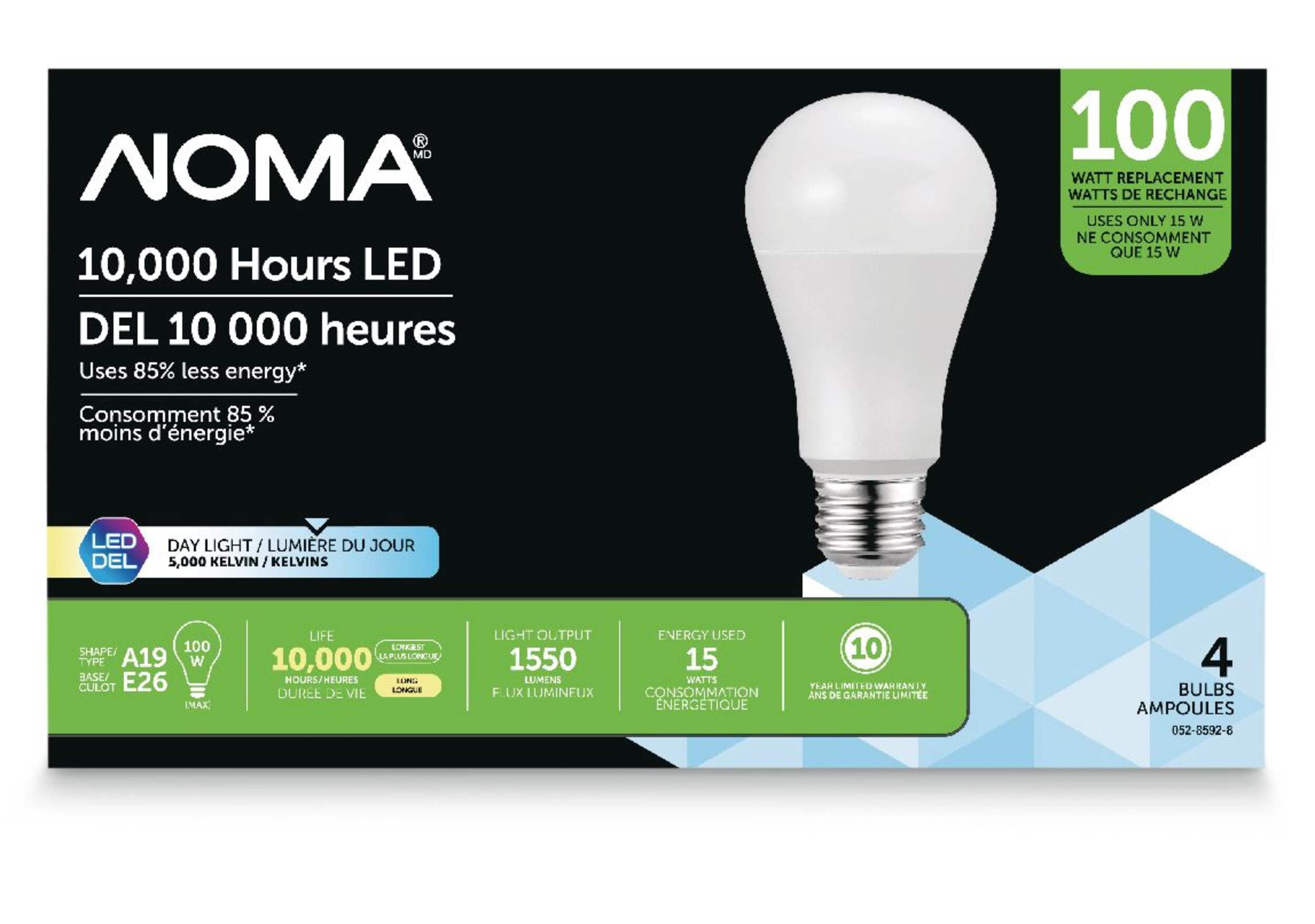 NOMA A19 E26 Base Non-Dimmable LED Light Bulbs, 1550 Lumens, Daylight, 100W, 4-pk Front_Flat