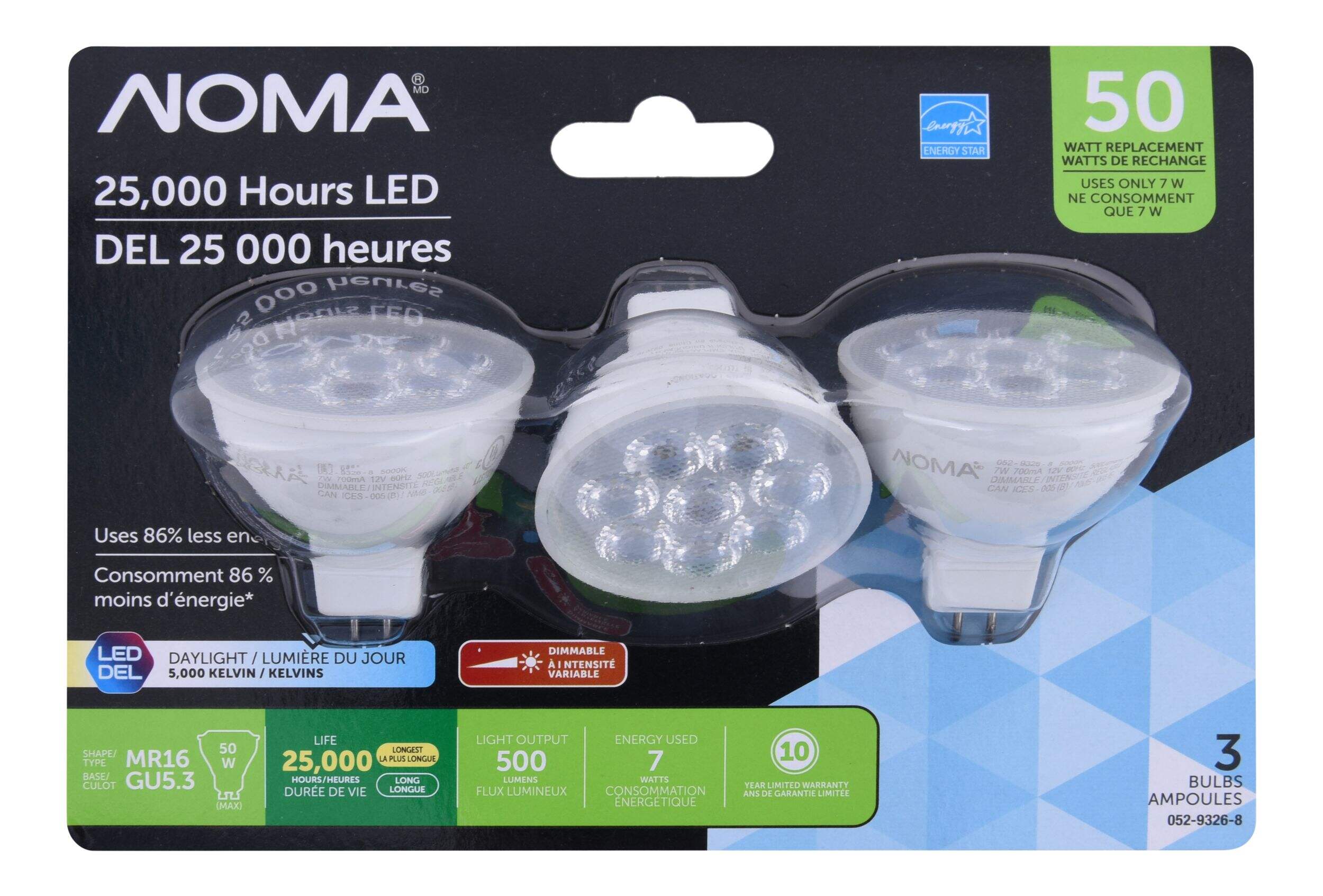 Ampoules pour projecteur à DEL à culot GU5.3 à intensité variable NOMA MR16, 5000K, 500 lumens, lumière du jour, 50 W, paq. 3 Front_Flat