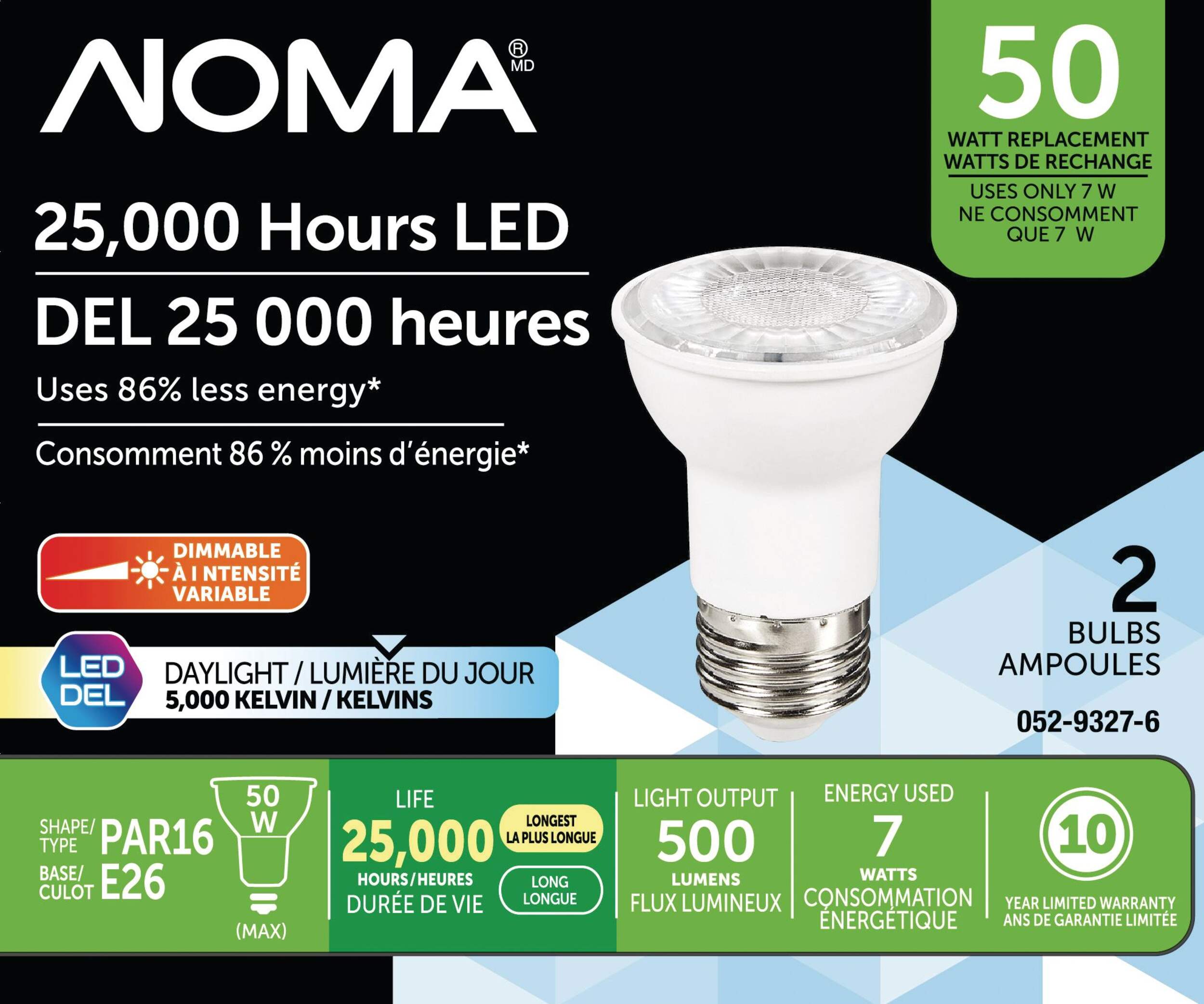 NOMA PAR16 E26 Base Dimmable LED Flood Light Bulbs, 5000K, 500 Lumens, Daylight, 50W, 2-pk Front_Flat