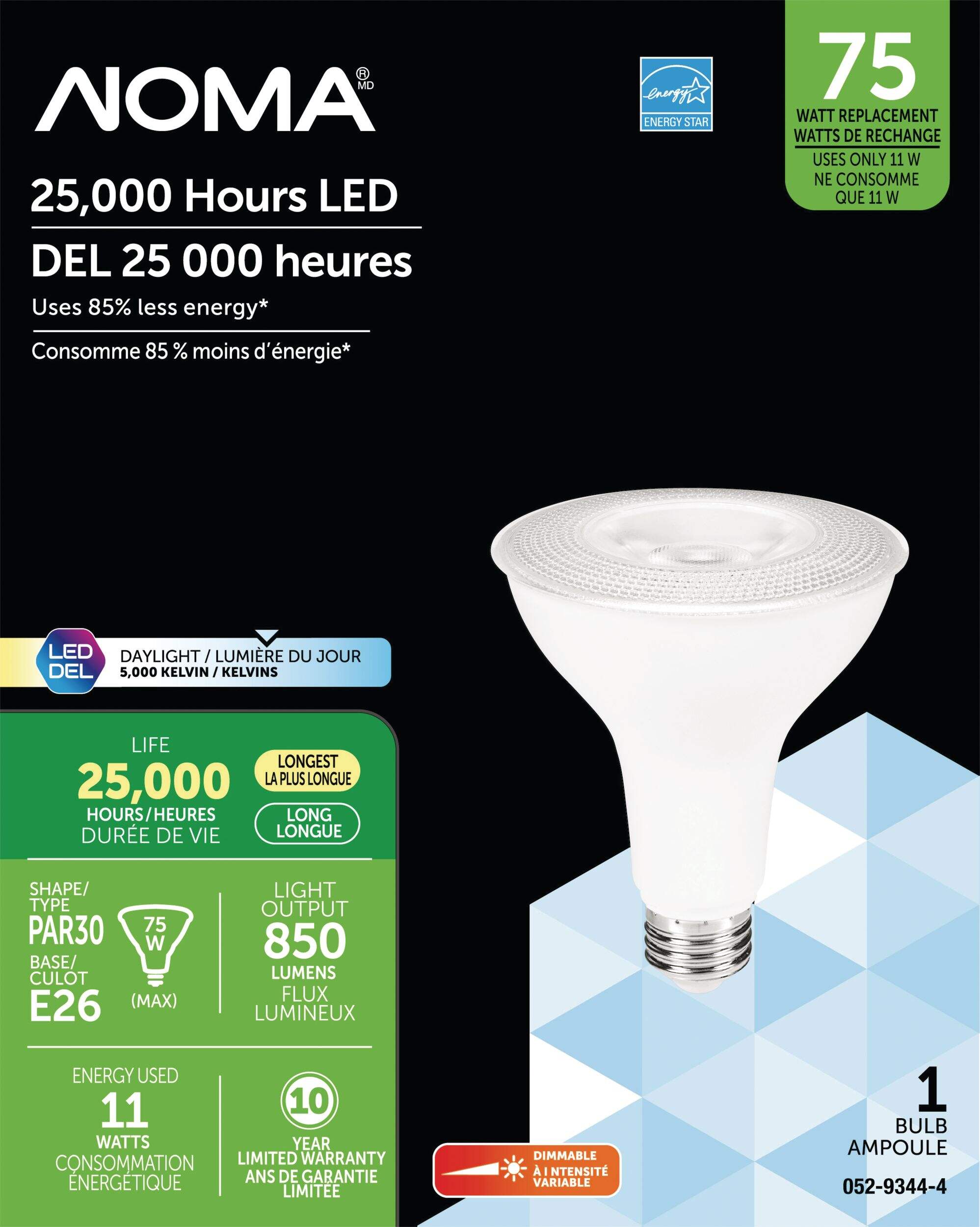 NOMA PAR30 E26 Base Household Dimmable LED Flood Light Bulb, 5000K, 850 Lumens, Daylight, 75 Front_Flat