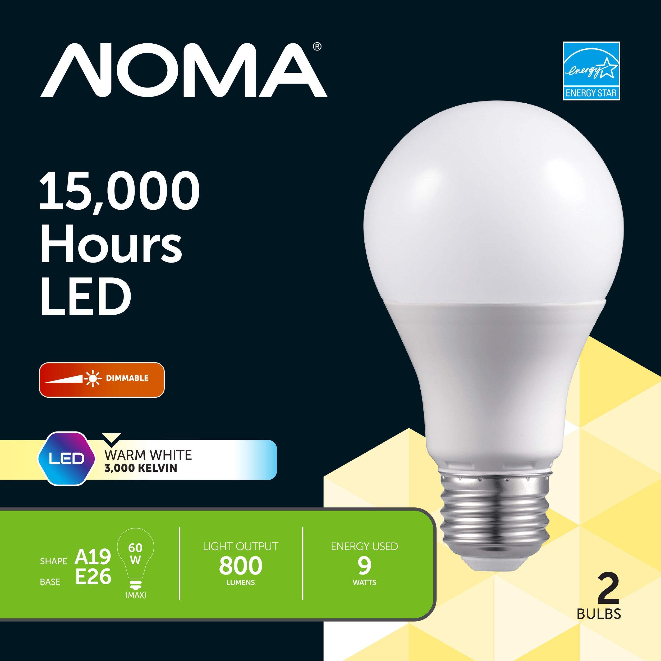 NOMA A19 E26 Base Dimmable LED Light Bulbs, 800 Lumens, Warm White, 60W, 2-pk Front_Flat