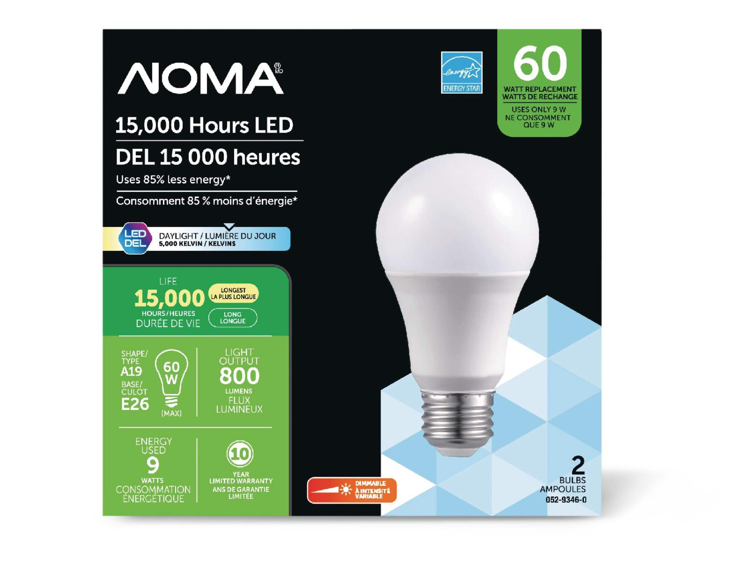 NOMA A19 E26 Base Dimmable LED Light Bulbs, 5000K, 800 Lumens, Daylight, 60W, 2-pk Front_Flat