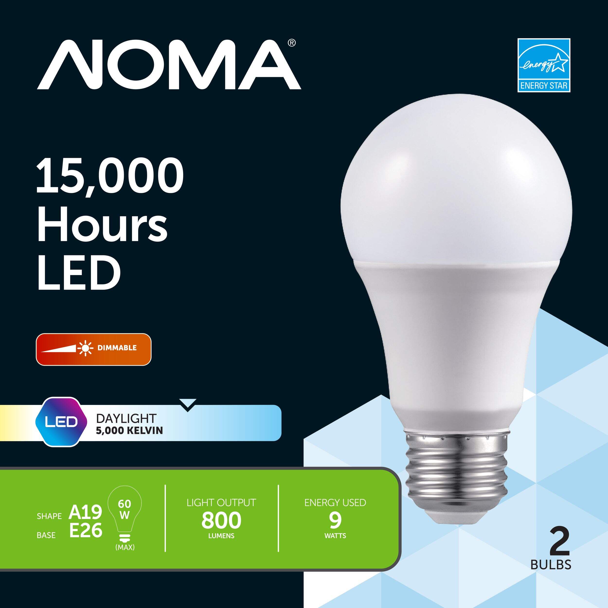 NOMA A19 E26 Base Dimmable LED Light Bulbs, 5000K, 800 Lumens, Daylight, 60W, 2-pk Front_Flat