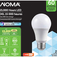 Ampoules à DEL à culot E26 à intensité variable NOMA A19, 5000K, 800 lumens, lumière du jour, 60 W, paq. 2 Front_Flat