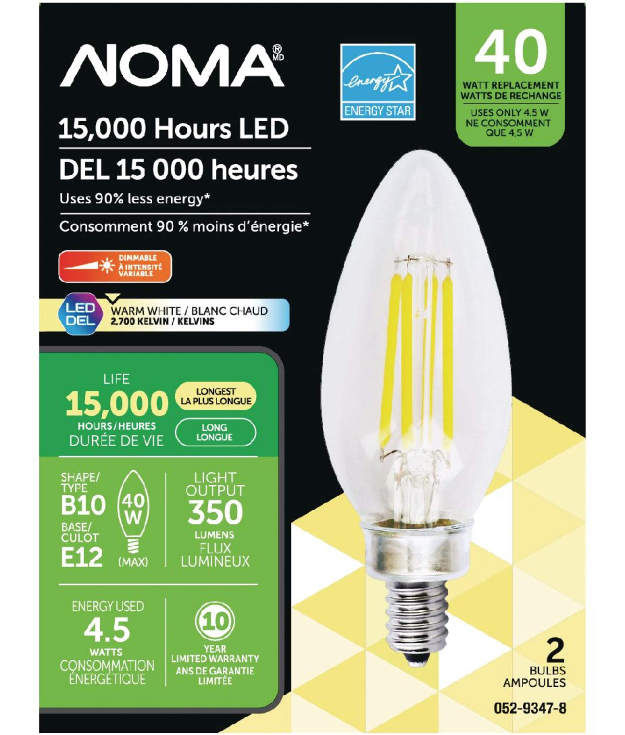 NOMA B10 E12 Base Dimmable LED Light Bulbs, 2700K, 350 Lumens, Warm White, 40W, 2-pk Front_Flat