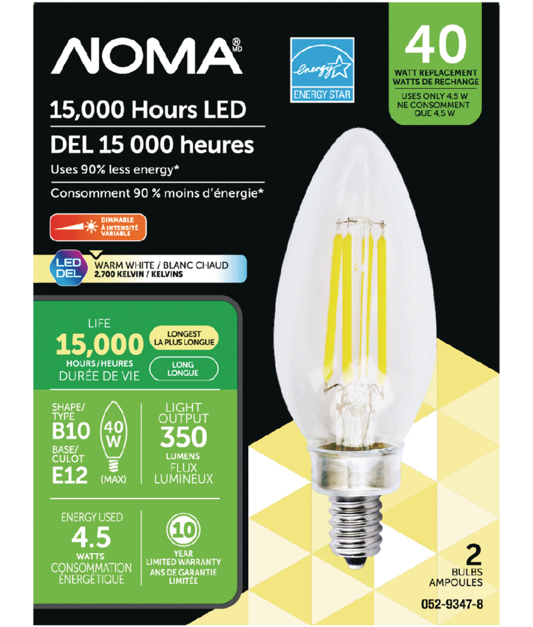Ampoules à DEL à intensité variable à culot E12 NOMA B10, 2700K
