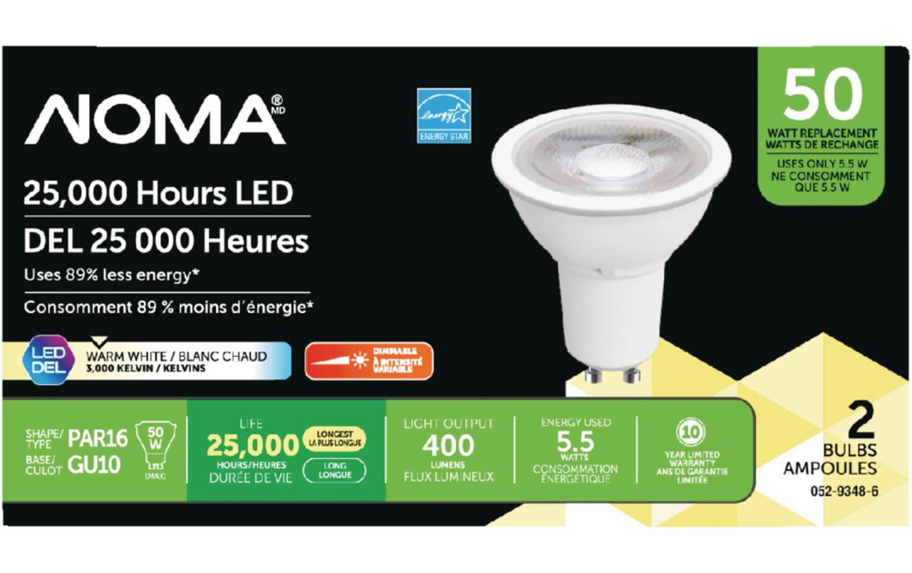 Ampoules pour projecteur à DEL à culot GU10 à intensité variable NOMA  PAR16, 3000K, 315 lumens, blanc chaud, 35 W, paq. 3