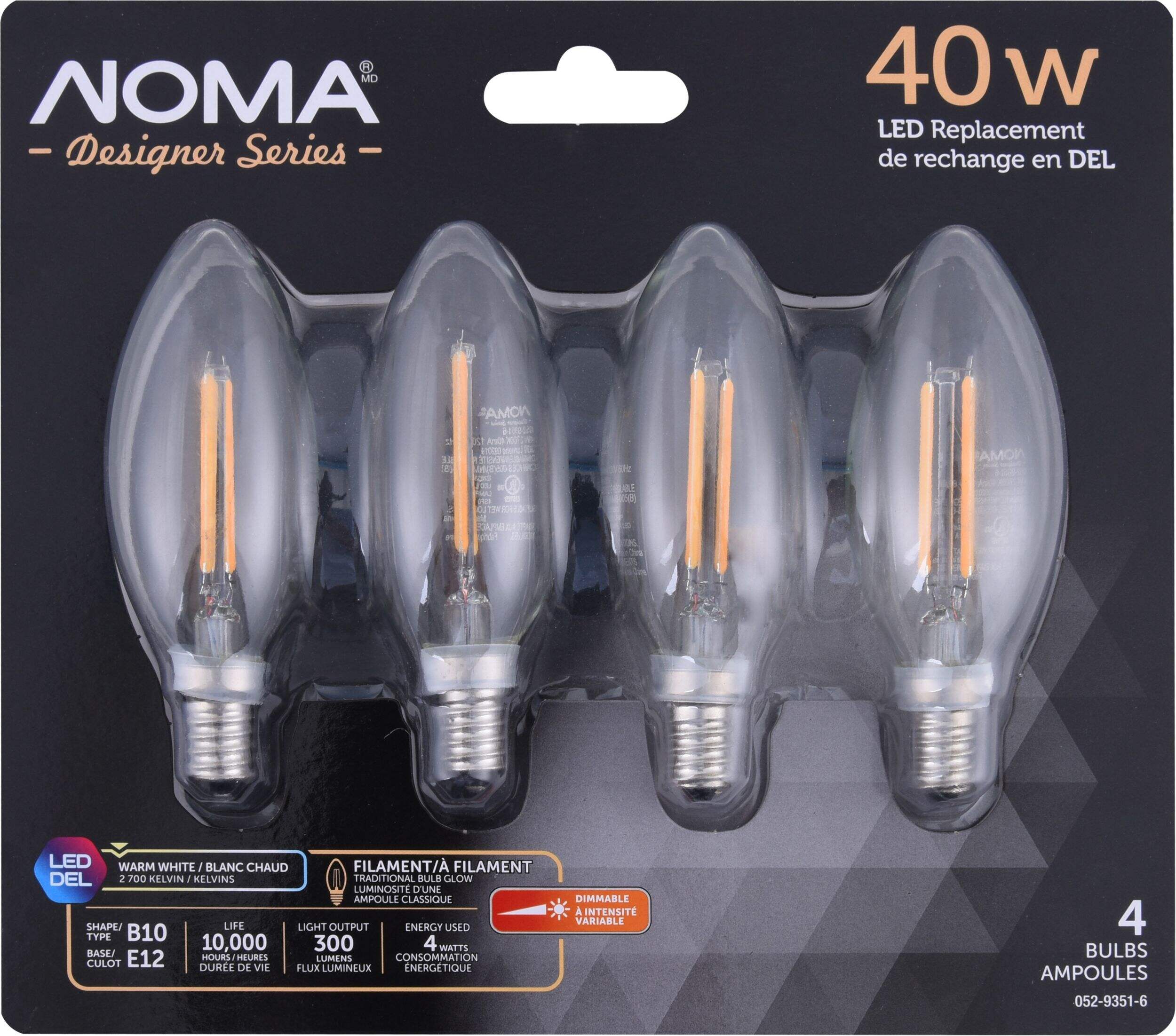 NOMA Designer Series B10 E12, Dimmable LED Light Bulbs, 300 Lumens, Warm White, 40W, 4-pk Front_Flat