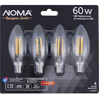 NOMA Designer Series B10 E12 Dimmable LED Filament Light Bulbs, Cool White, 60W, 4-pk Front_Flat