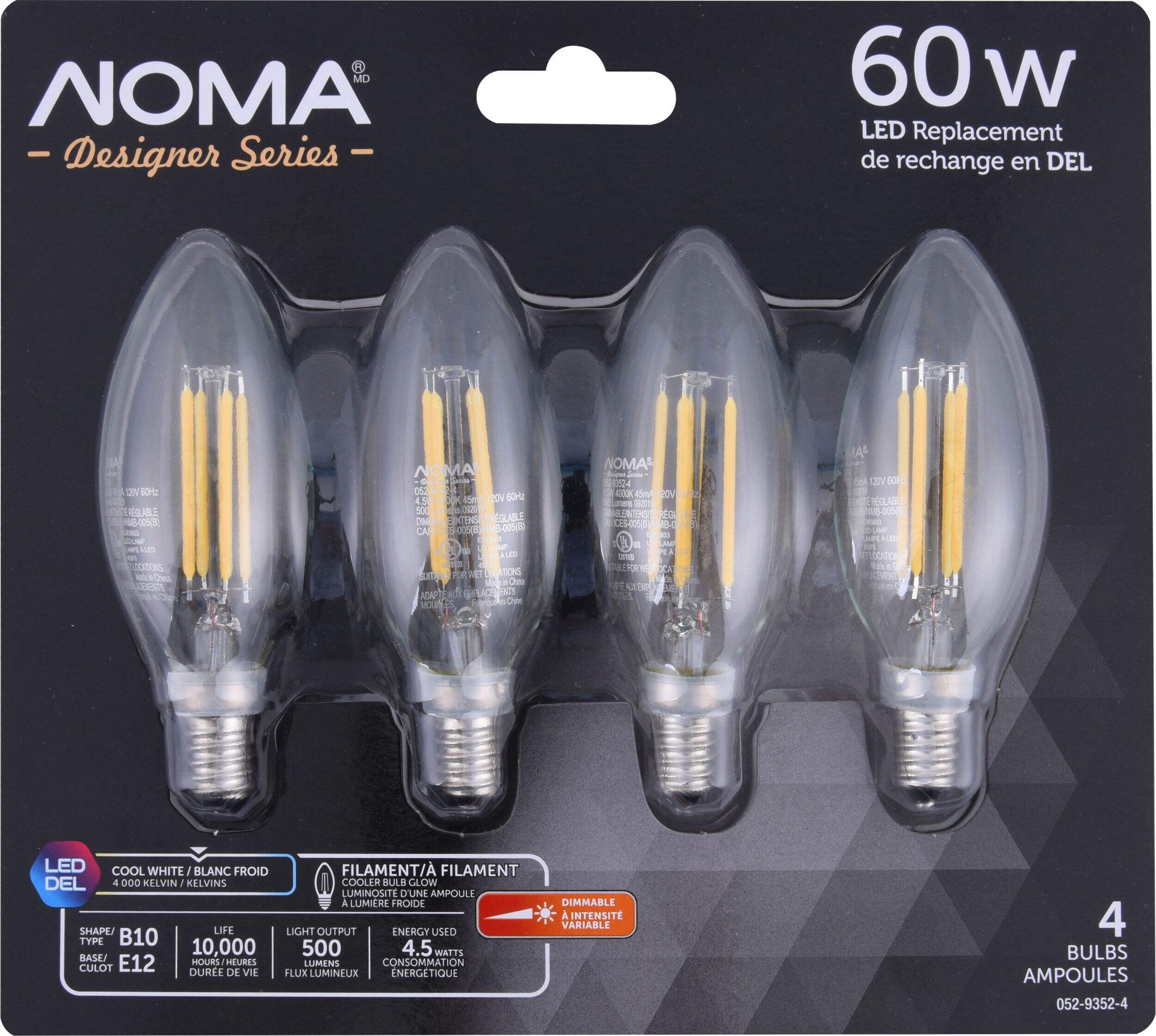 NOMA Designer Series B10 E12 Dimmable LED Filament Light Bulbs, Cool White, 60W, 4-pk Front_Flat