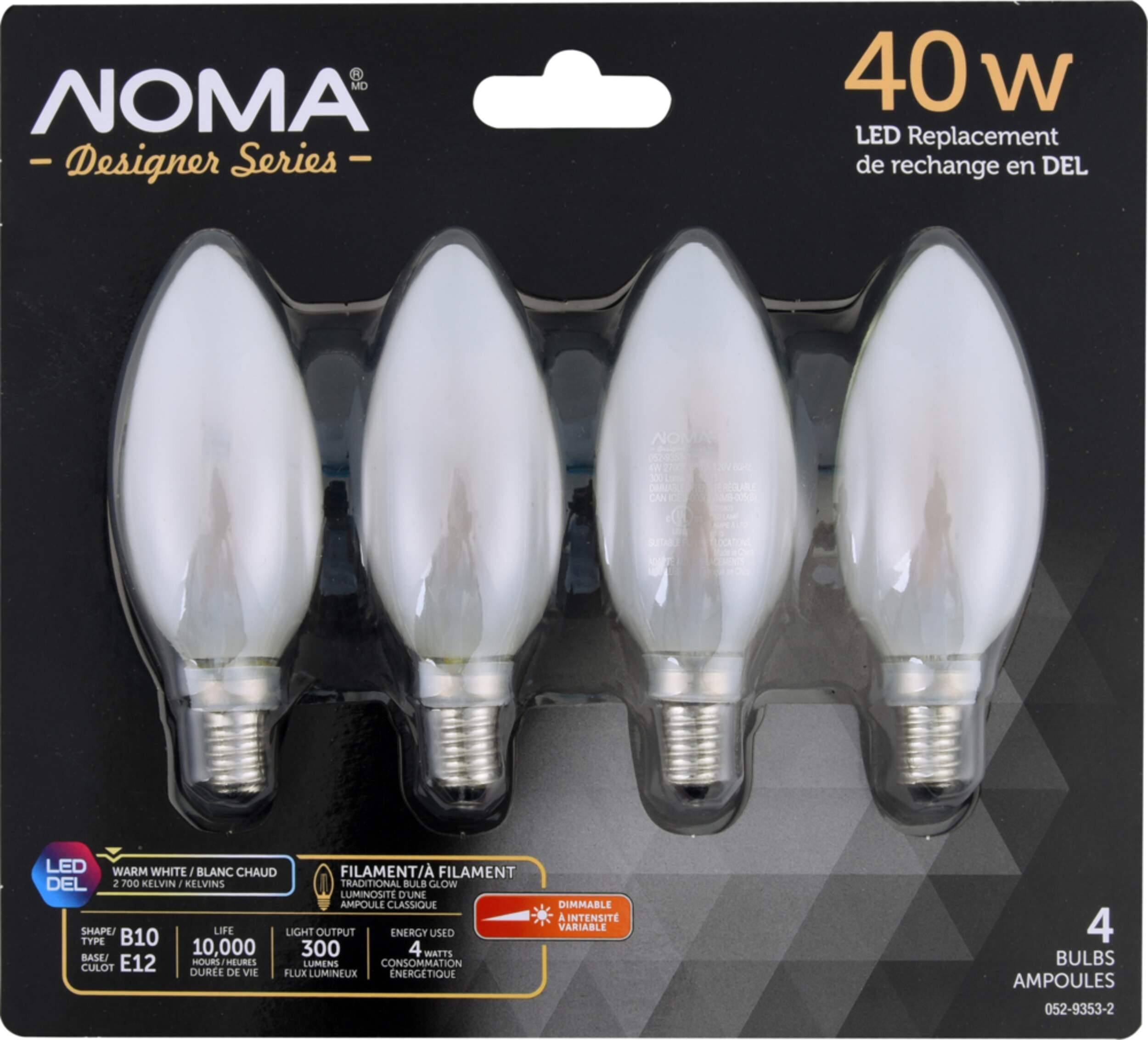NOMA Designer Series B10 E12 Base Dimmable LED Light Bulbs Warm White, 40W, 4-pk Front_Flat