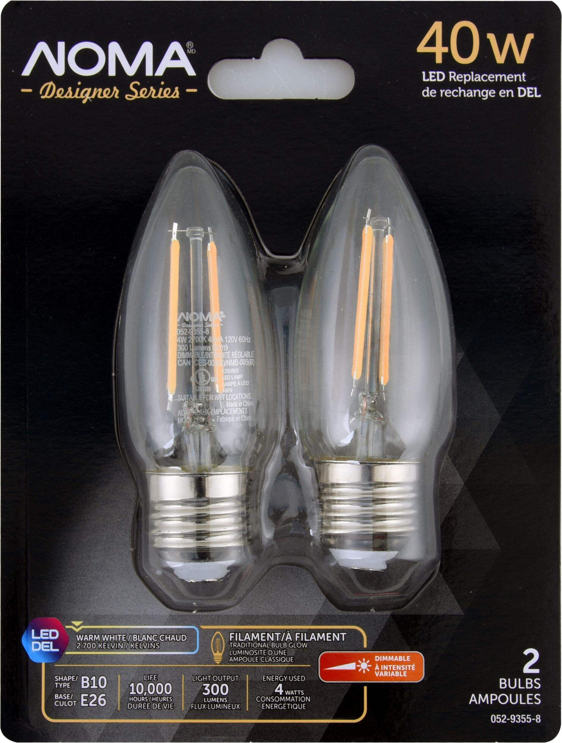 NOMA Designer Series B10 E26 Dimmable LED Filament Light Bulbs, Warm White, 40W, 2-pk Front_Flat