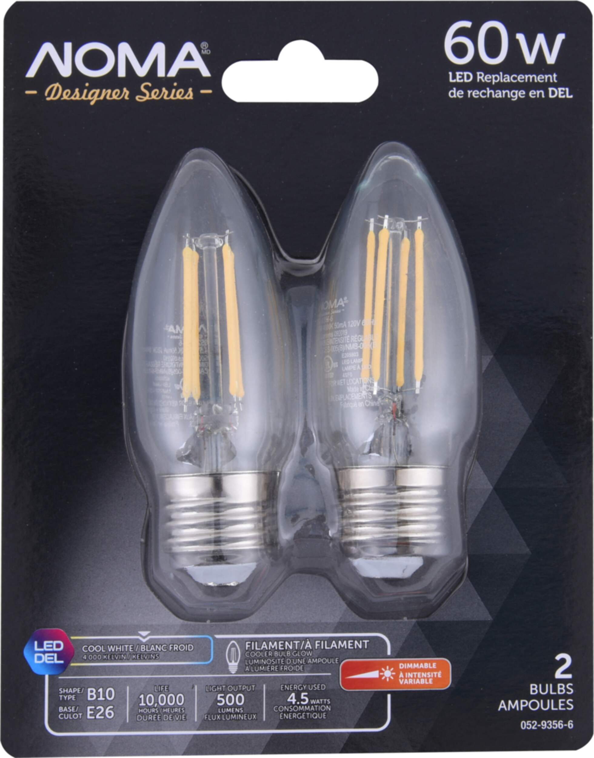 NOMA Designer Series B10 E26 Base Dimmable LED Filament Light Bulbs, Cool White, 60W, 2-pk Front_Flat