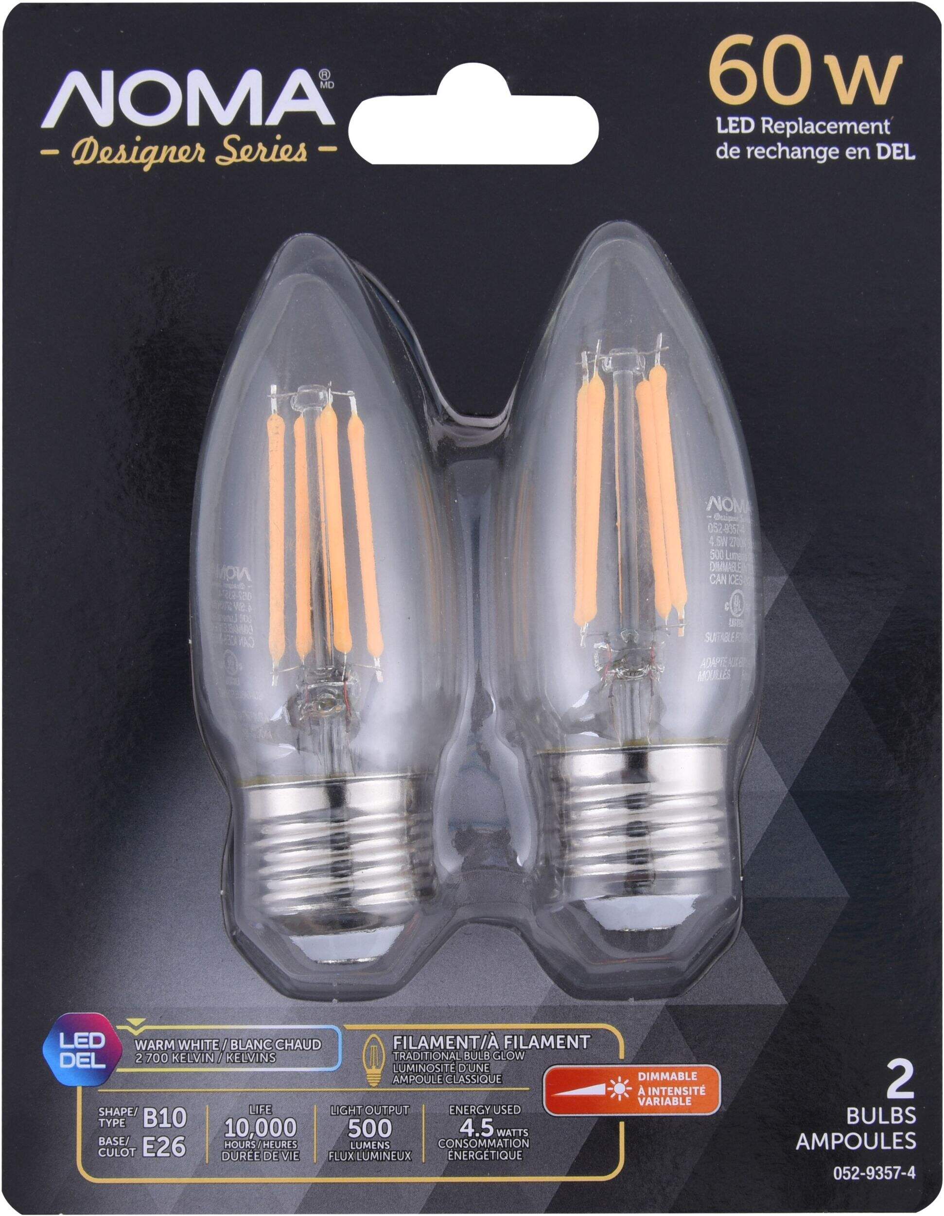 NOMA Designer Series B10 E26 Base Dimmable LED Filament Light Bulbs, Warm White, 60W, 2-pk Front_Flat