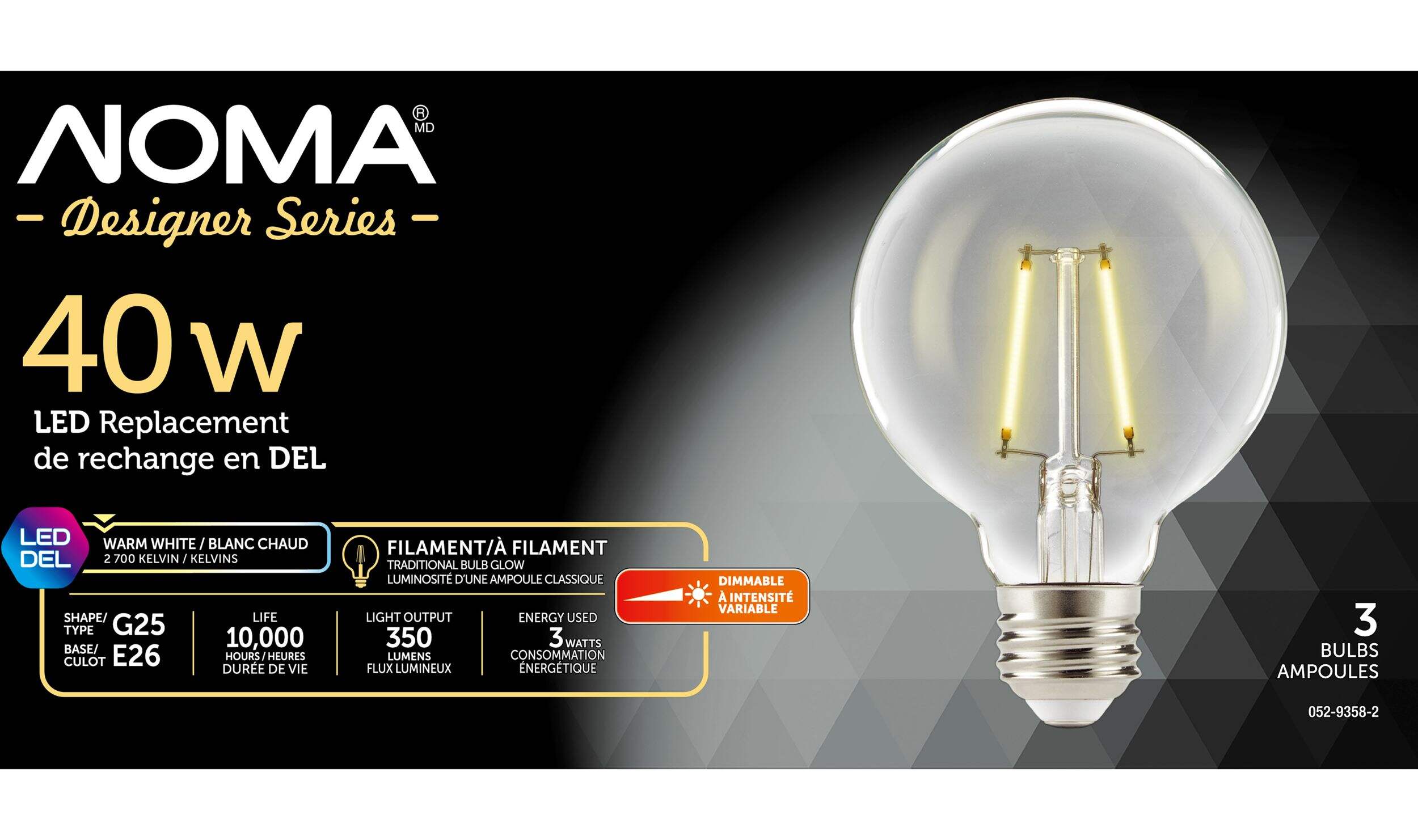 NOMA G25 E26 Base Bath/Vanity Dimmable LED Light Bulbs, 350 Lumens, Warm White, 40W, 3-pk Front_Flat
