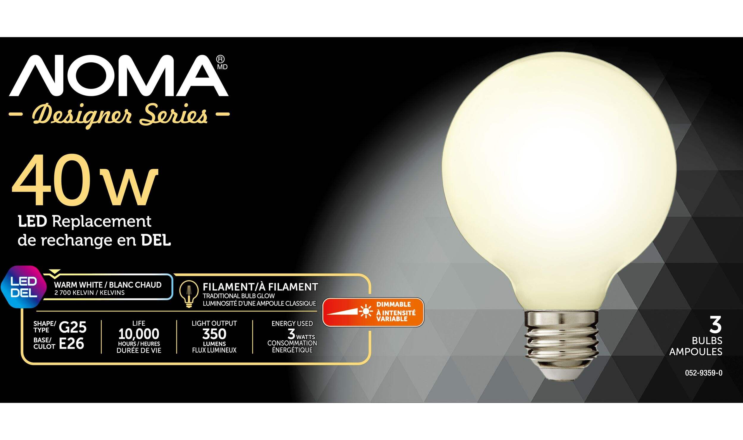NOMA G25 E26 Base Globe Dimmable LED Light Bulbs, 2700K, 350 Lumens, Warm White, 40W, 3-pk Front_Flat