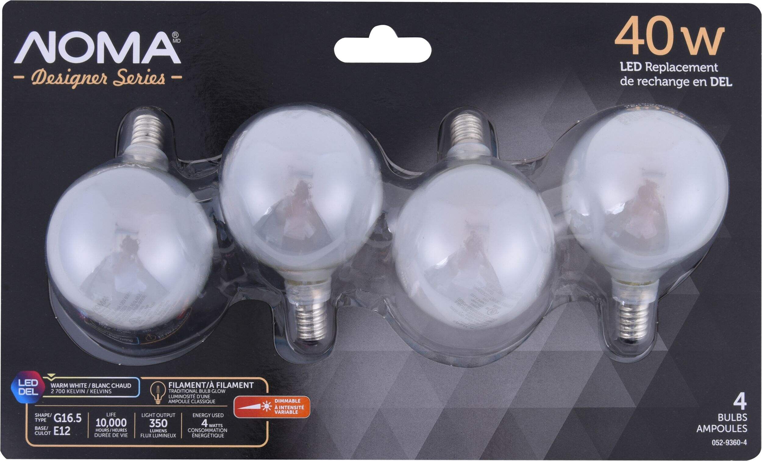 NOMA G16.5 E12 Base Dimmable LED Filament Light Bulbs, 350 Lumens, Warm White, 40W, 4-pk Front_Flat