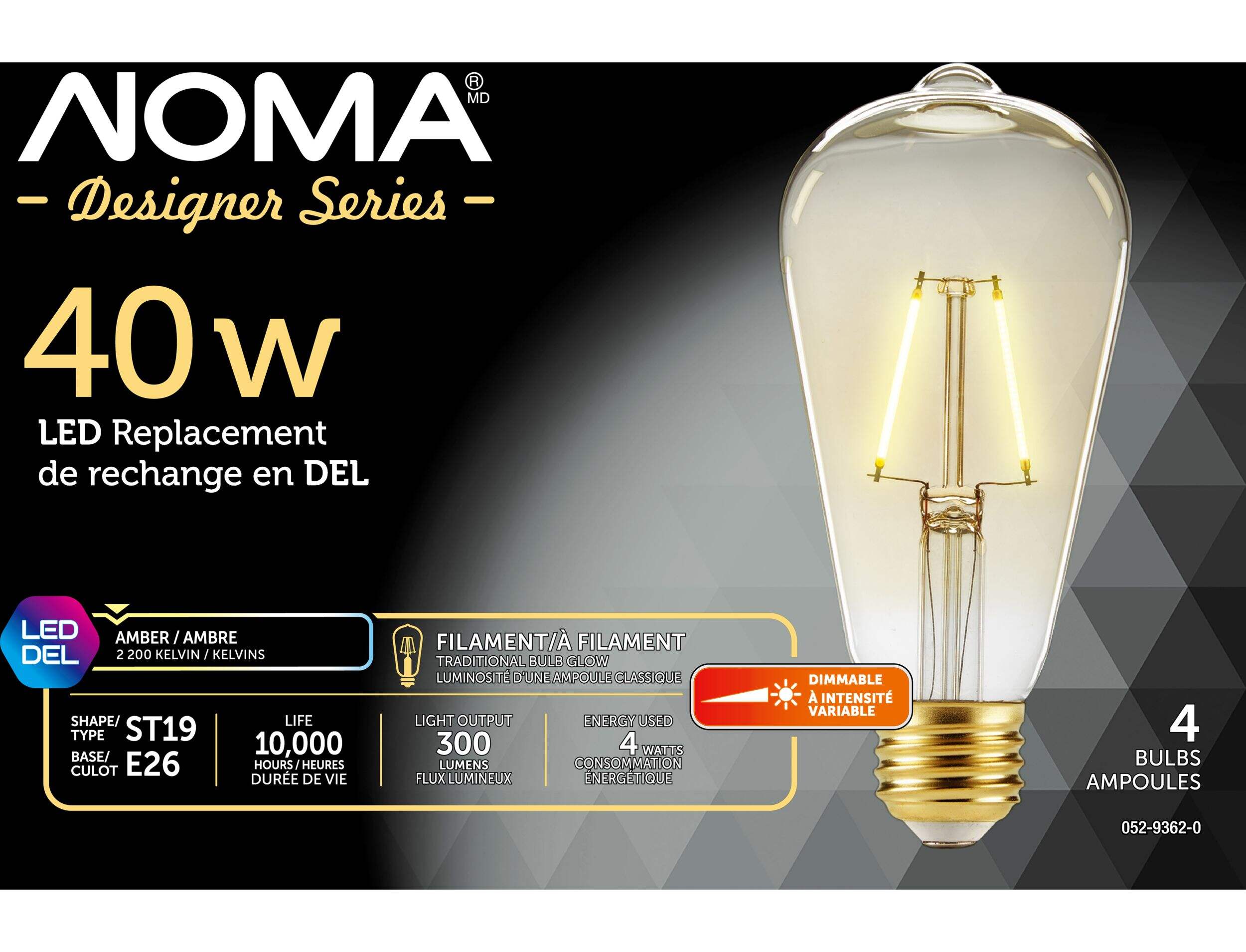 NOMA Designer Series ST19 E26 Base Dimmable LED Light Bulbs, 300 Lumens, Amber, 40W, 4-pk Front_Flat
