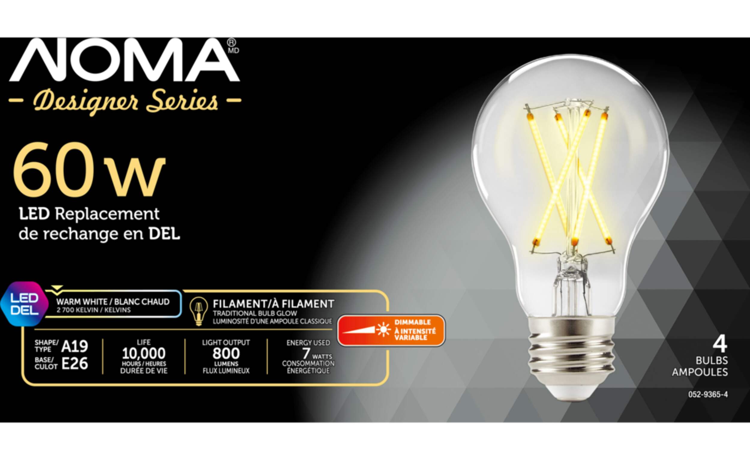 NOMA Designer Series A19 E26 Dimmable LED Filament Light Bulbs, Warm White 60W, 4-pk Front_Flat