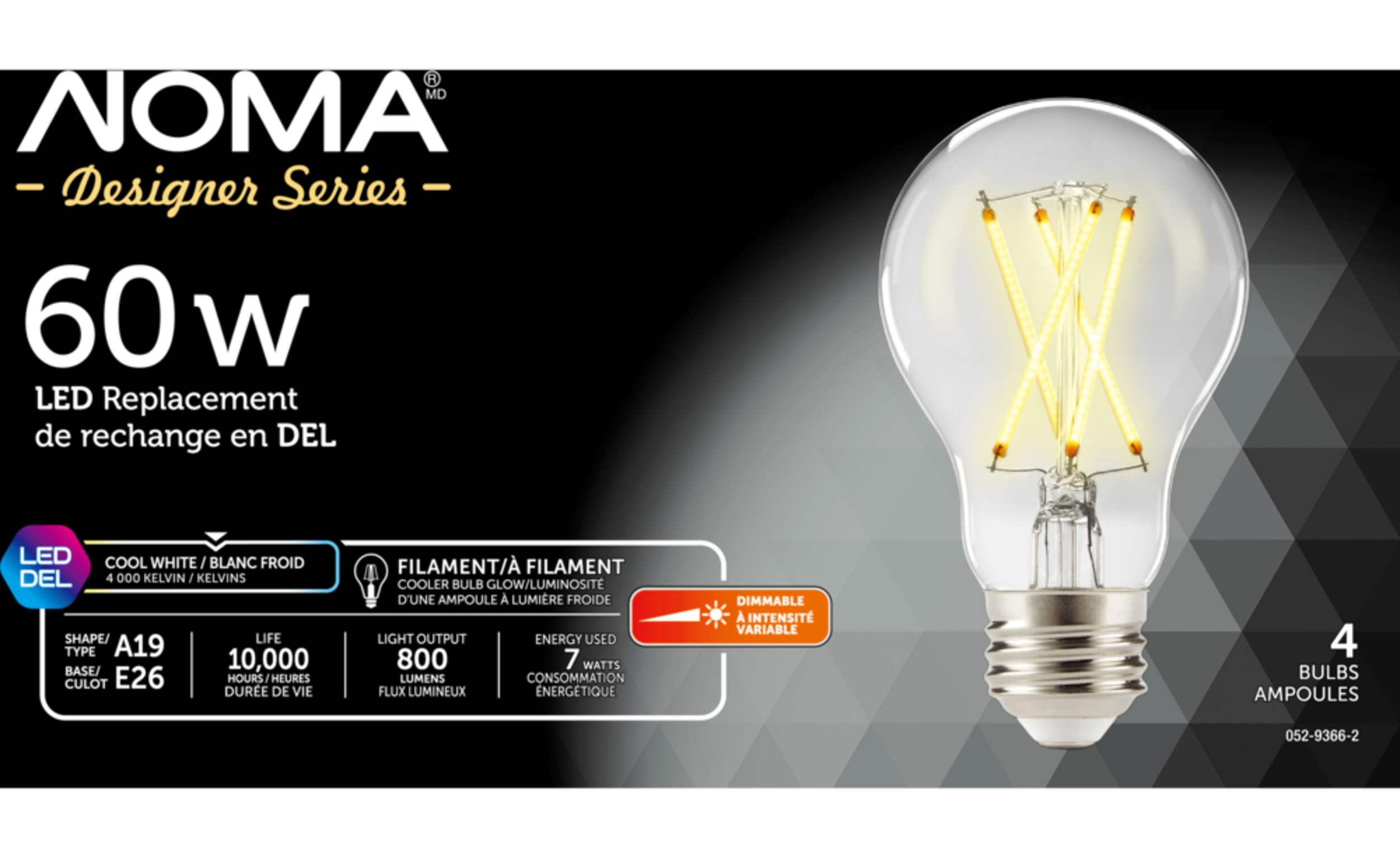 NOMA A19 E26 Base Dimmable LED Filament Light Bulbs, 800 Lumens, Cool White, 60W, 4-pk Front_Flat