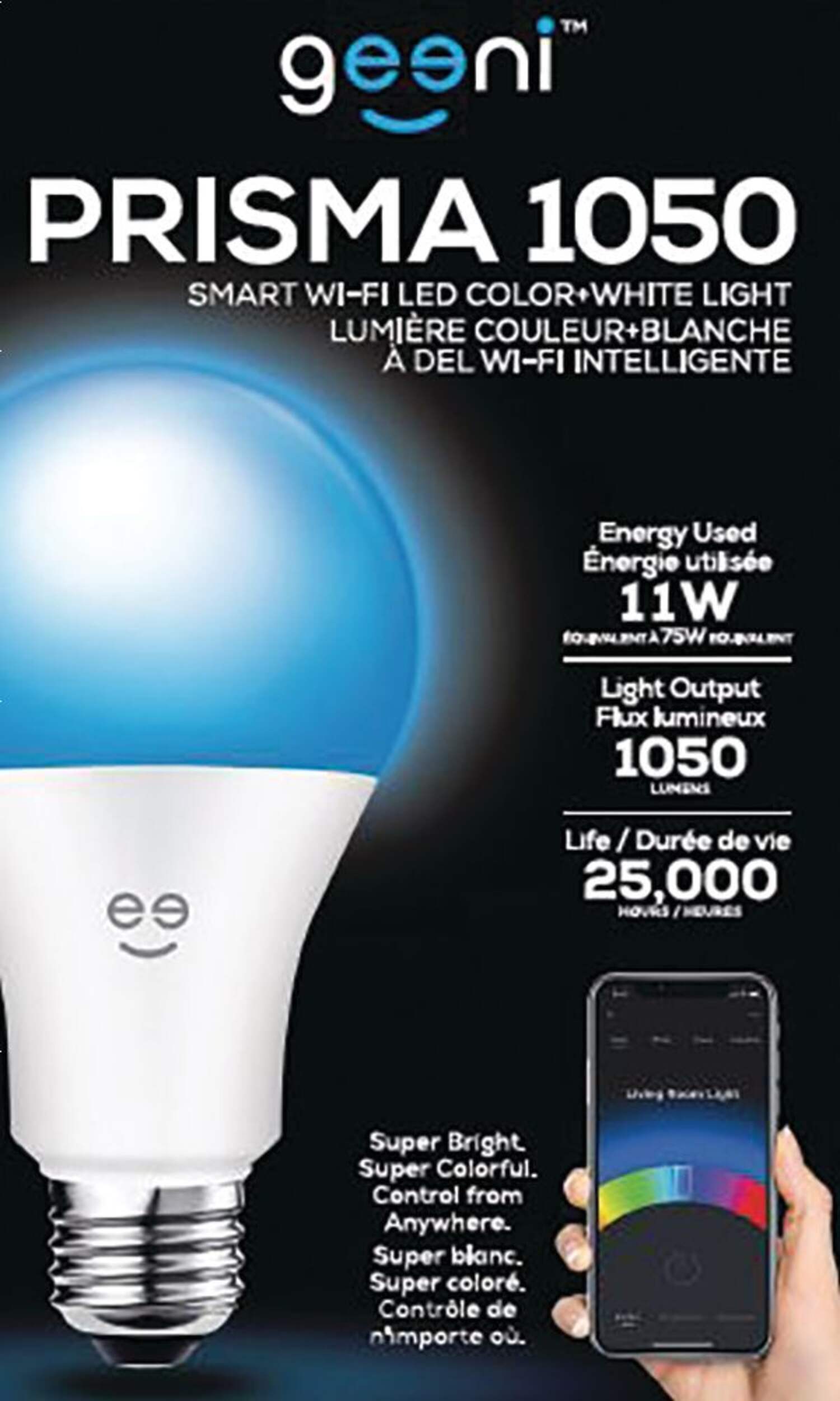 Geeni Prisma 1050 E26 Base Smart Wi-Fi LED Light Bulb, Colour & White, 75W Equivalent Front_Flat