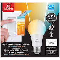 Globe Electric Duo A19 E26, Dimmable LED Light Bulb, 800 Lumens, Tunable White, 60W, 2-pk Front_Flat