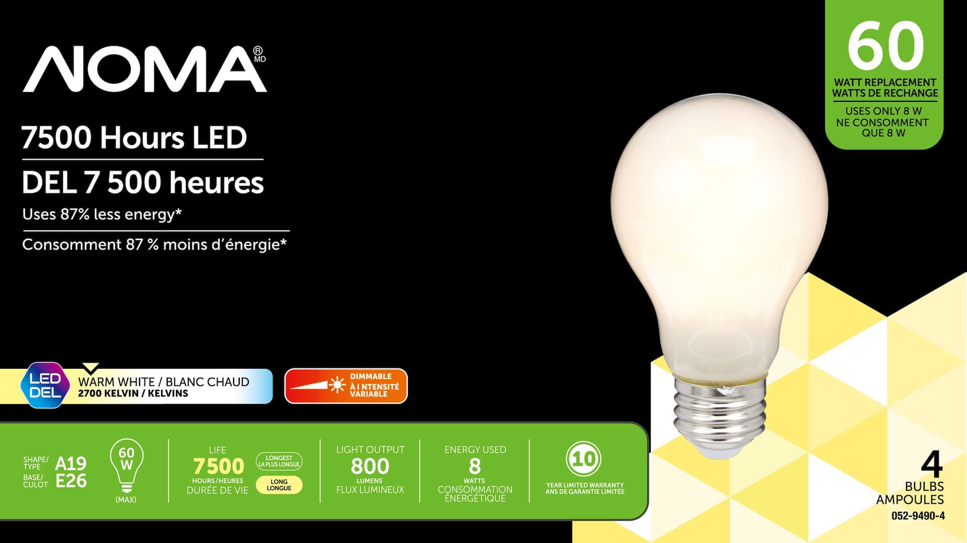 NOMA A19 E26 Base Household Dimmable LED Light Bulbs, 800 Lumens, Warm