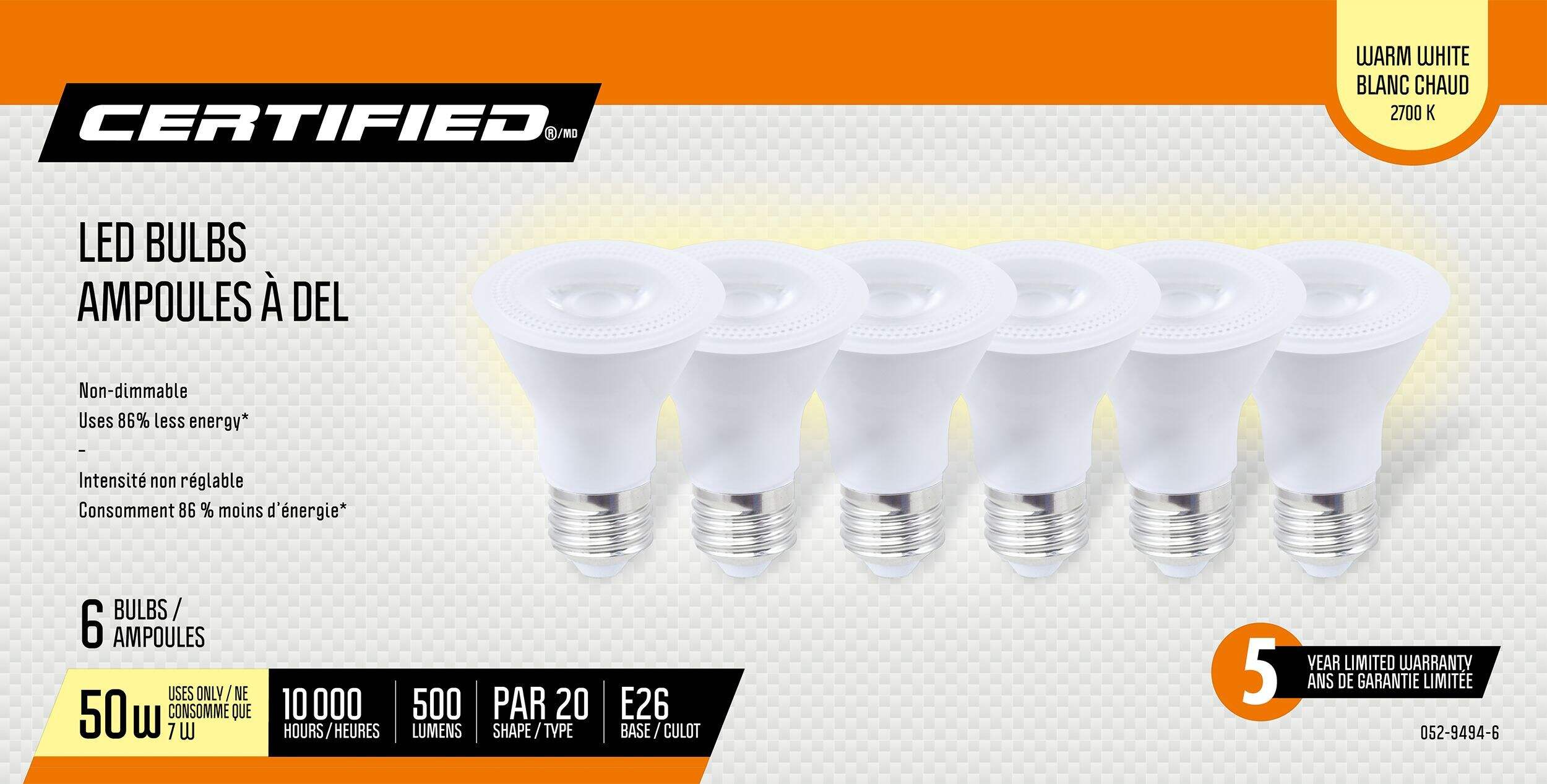 Certfied PAR20 E26 Base Non-Dimmable LED Flood Light Bulbs, 2700K, 500 Lumens, Warm White, 50W, 6-pk Front_Flat