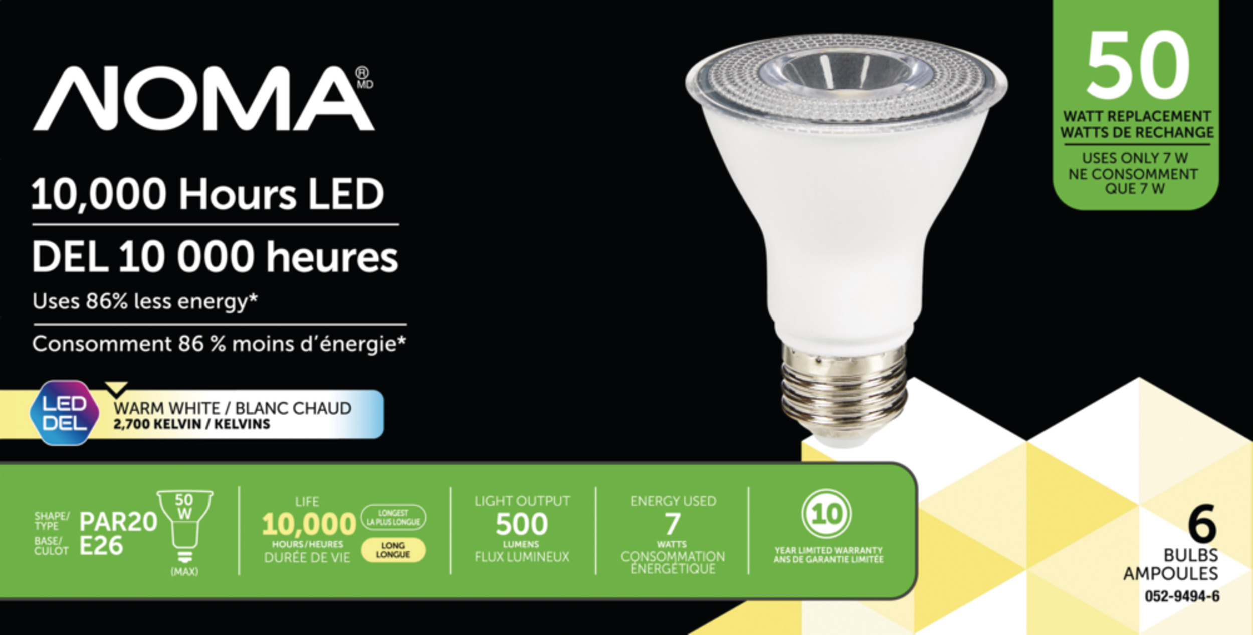 NOMA PAR20 E26 Base Non-Dimmable LED Flood Light Bulbs, 2700K, 500 Lumens, Warm White, 50W, 6-pk Front_Flat