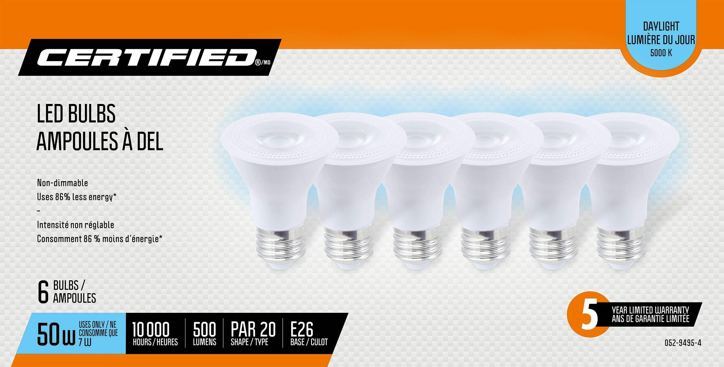 Ampoules pour projecteur à DEL non variable à culot E26 NOMA PAR20, 5000K, 500 lumens, lumière du jour, 50 W, paq. 6 Front_Elevated