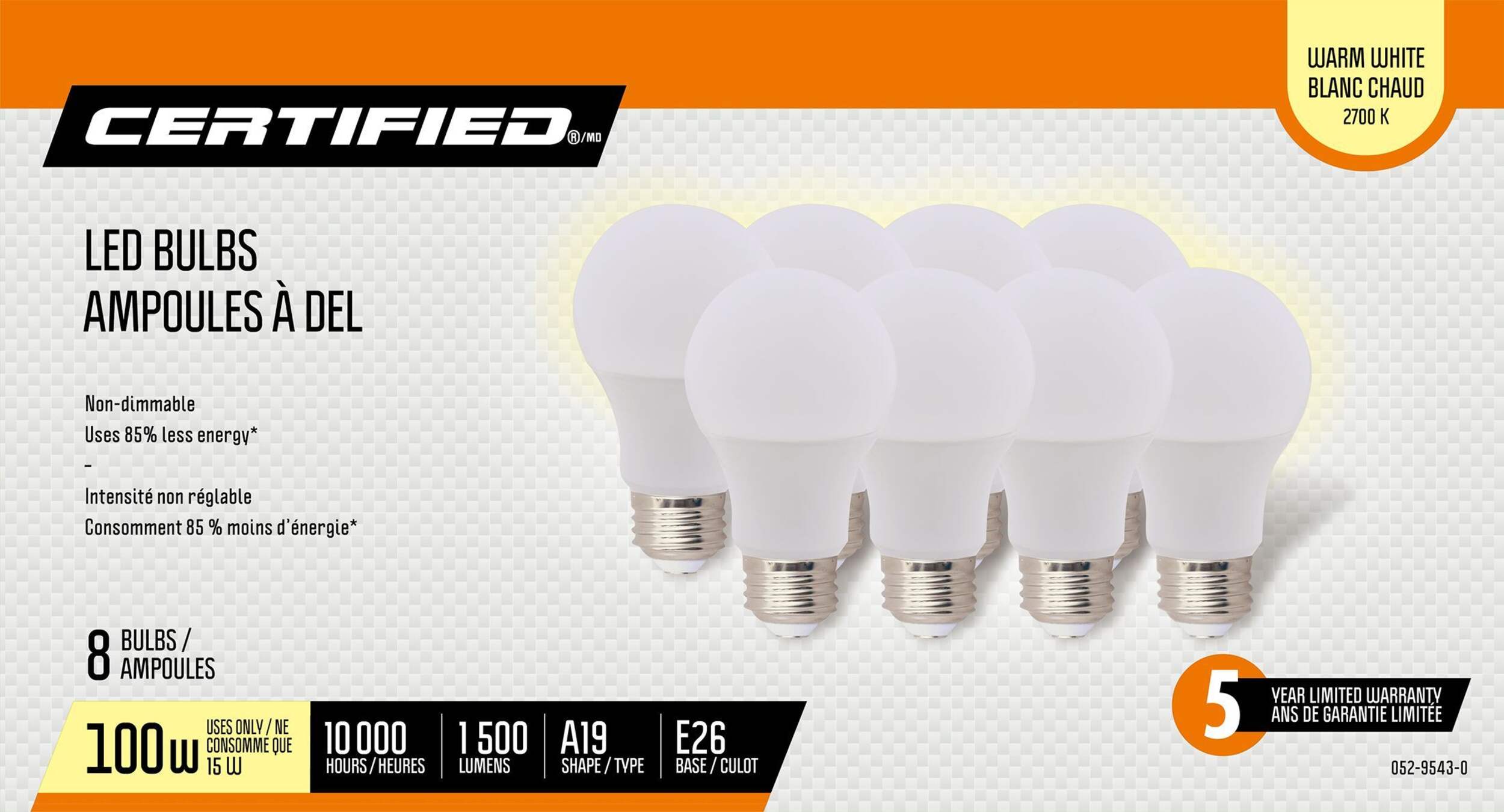 Certified A19 E26 Base Household Non-Dimmable LED Light Bulbs, 1500 Lumens, Warm White, 100W, 8-pk Front_Flat