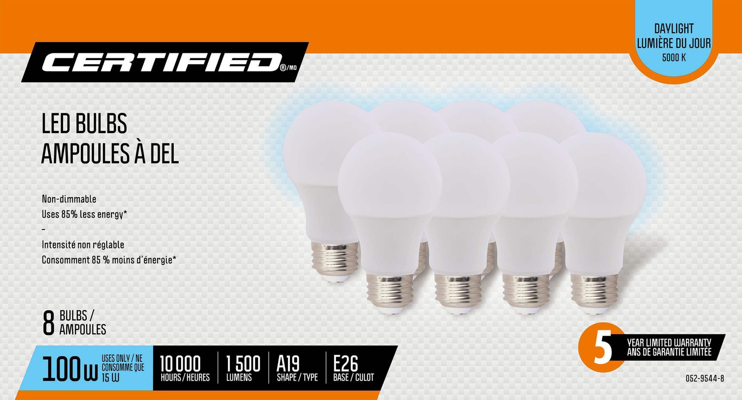 NOMA A19 E26 Base Non-Dimmable LED Light Bulbs, 5000K, 1500 Lumens, Daylight, 100W, 8-pk Front_Flat