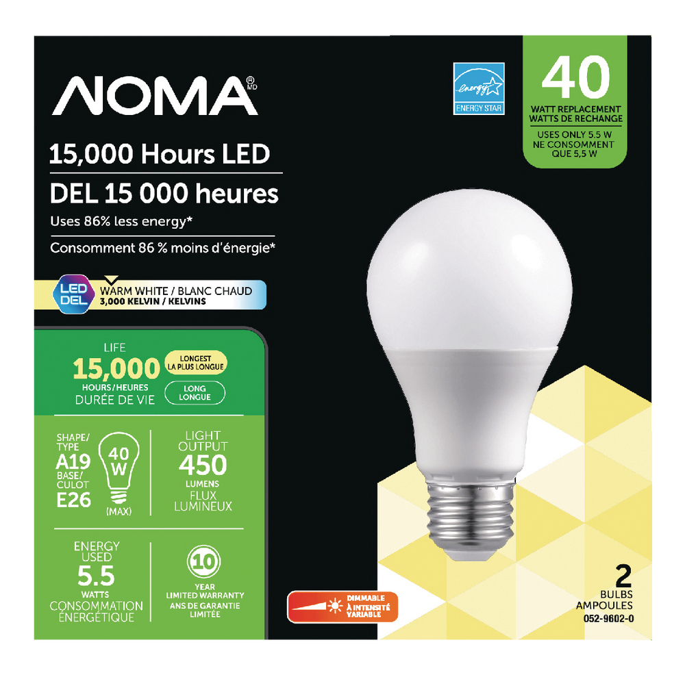 NOMA A19 E26 Base Indoor Dimmable LED Light Bulbs, 3000K, 450 Lumens