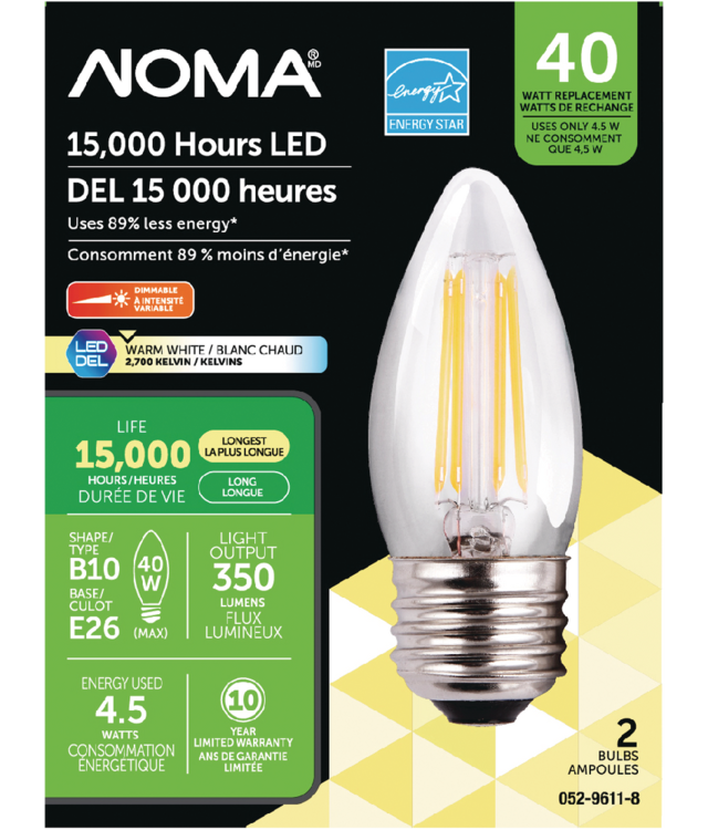 NOMA B10 E26 Base Dimmable LED Filament Light Bulbs, Warm White, 40W