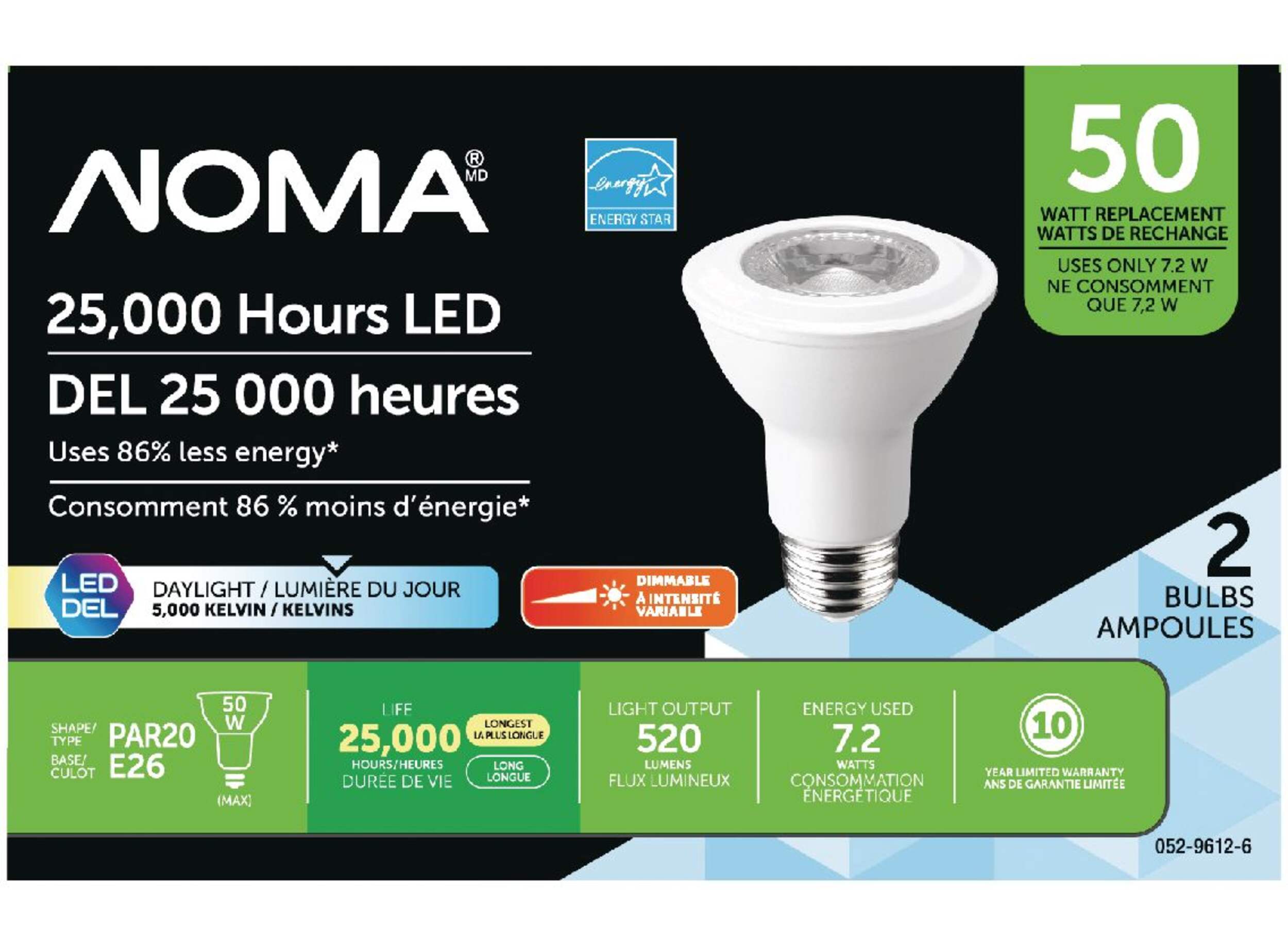 NOMA PAR20 E26 Base Dimmable LED Flood Light Bulbs, 5000K, 520 Lumens, Daylight, 50W, 2-pk Front_Flat