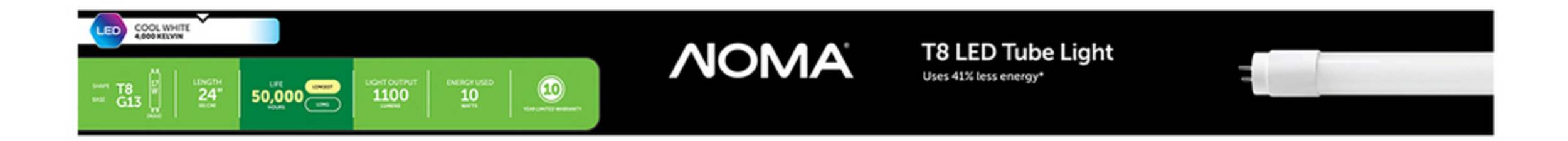 NOMA T8 G13 Base Non-Dimmable LED Tube Light Bulb, 4000K, Cool White, 17W, 24-in Front_Elevated