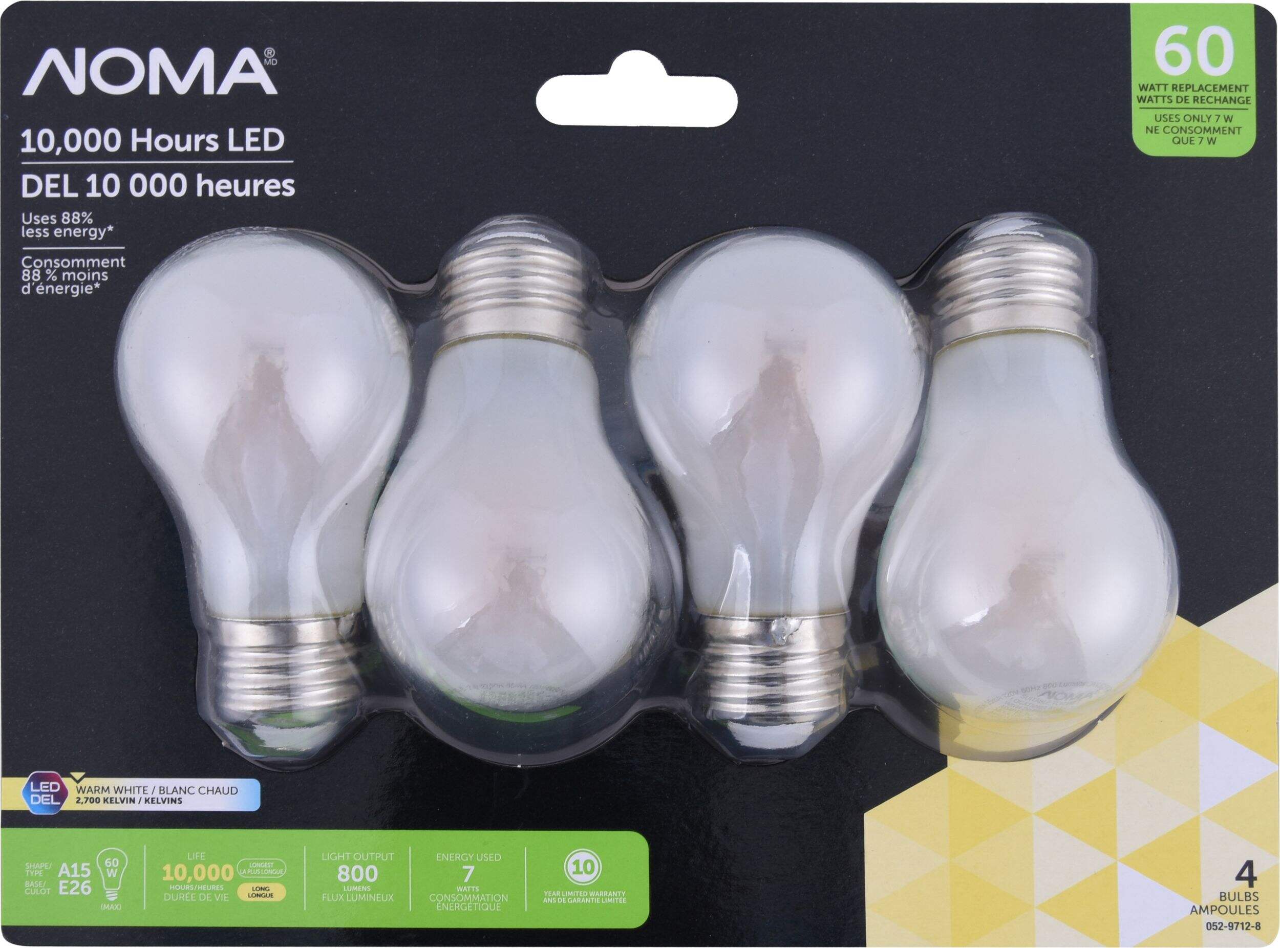 NOMA A15 E26, Non-Dimmable LED Light Bulbs, 2700K, 800 Lumens, Warm White, 60W Front_Elevated
