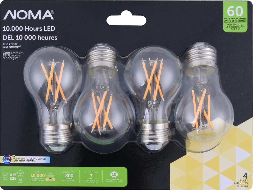 NOMA A15 E26 Base Non-Dimmable LED Light Bulbs, 800 Lumens, Warm White,  60W, 4-pk Canadian Tire