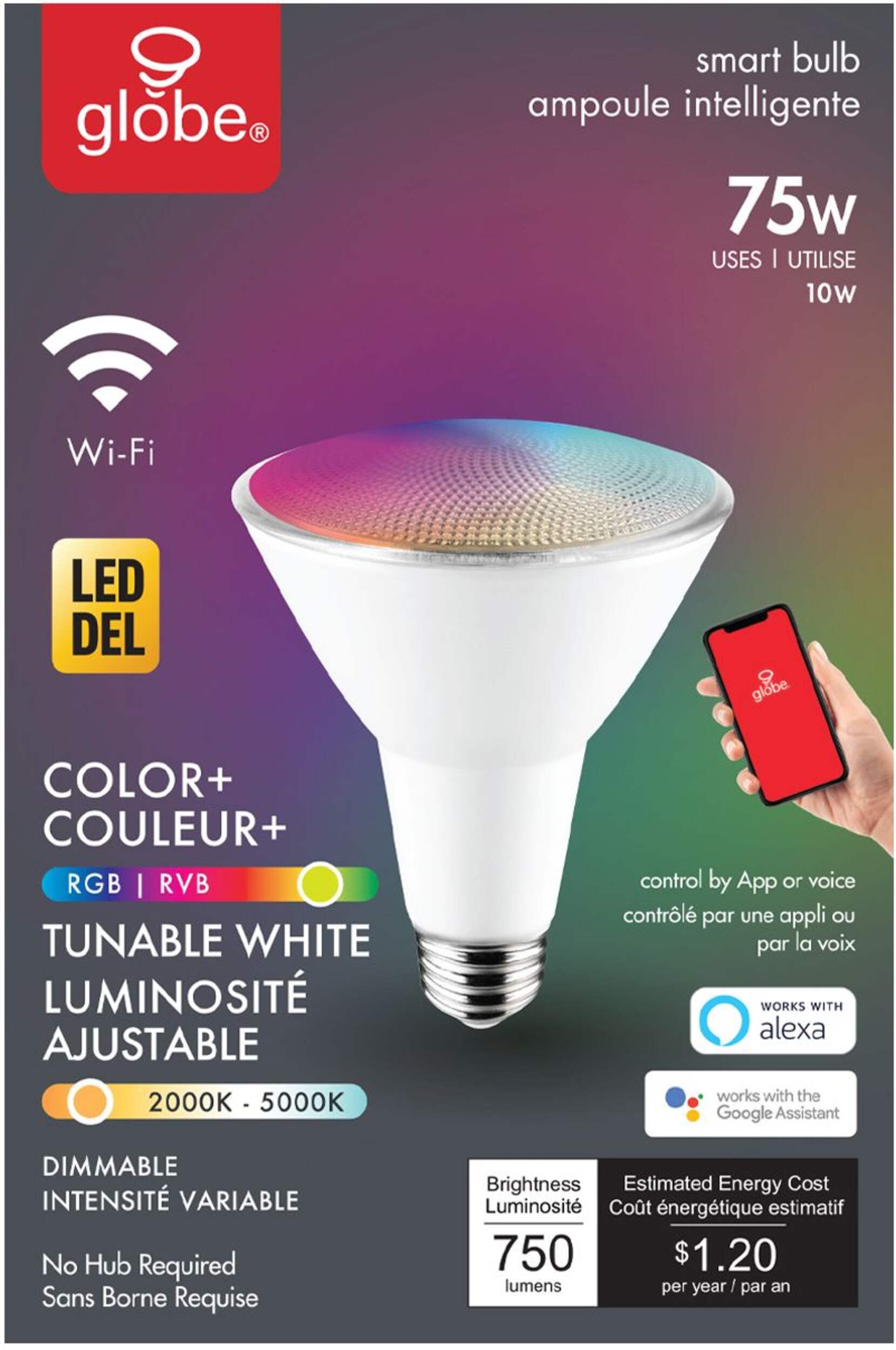 Globe PAR30 E26 Base Smart Dimmable LED Flood Light Bulb, Colour/Tunable White, 75W Front_Flat