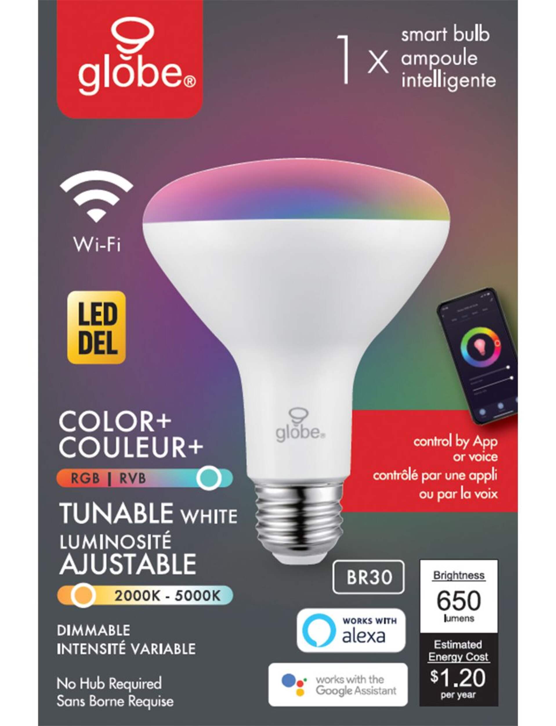 Globe Electric BR30 E26 Base Smart Wi-Fi Dimmable LED Light Bulb, 650 Lumens, Multi-Colour Front_Flat