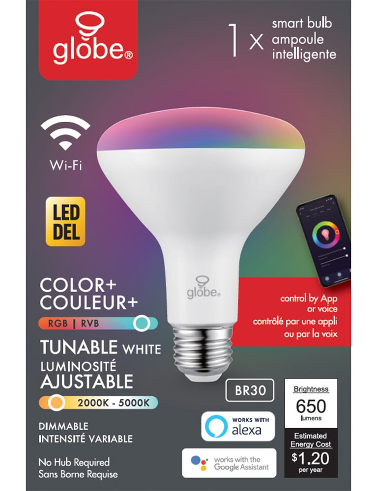 Globe Electric BR30 E26 Base Smart WiFi Dimmable LED Light Bulb, 650