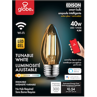 Globe Electric B10 E26 Base Smart Wi-Fi Dimmable LED Light Bulb, Tunable White, 40W Front_Flat