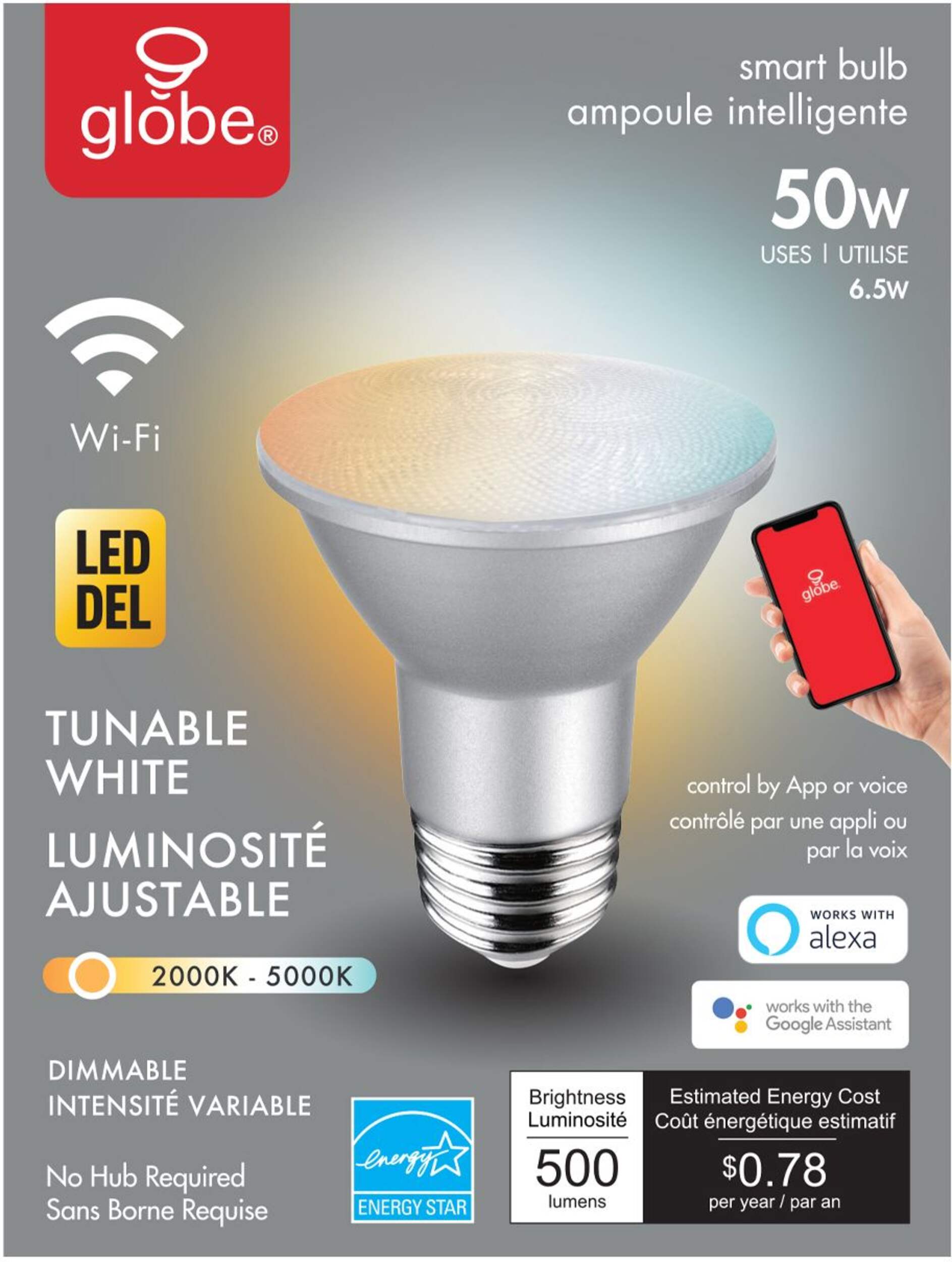 Globe Electric Smart Wi-Fi LED Bulb,  PAR20 E26 Base, 500 lumens, Tunable White, Dimmable Front_Flat