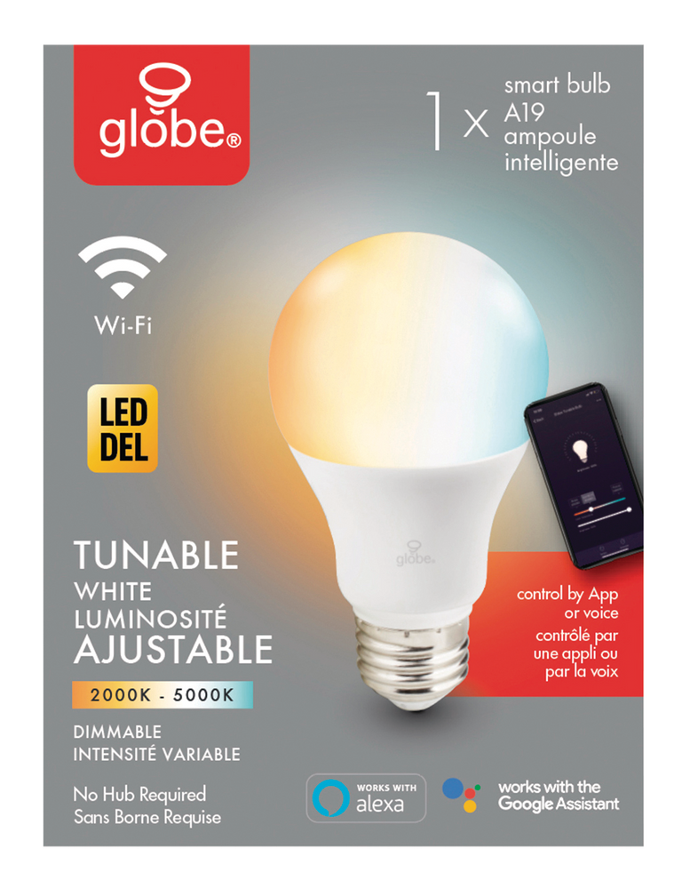 Globe Electric A19 Smart WiFi Dimmable LED Light Bulb, 800 Lumens